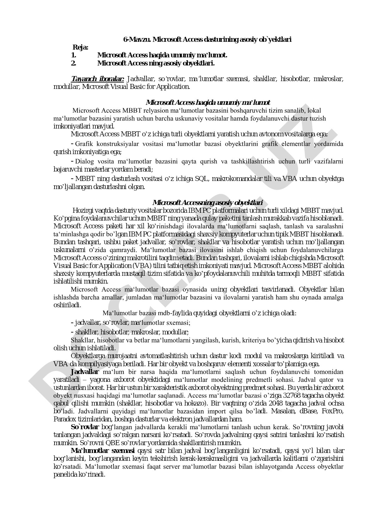 Microsoft Access dasturining asosiy ob`yektlari