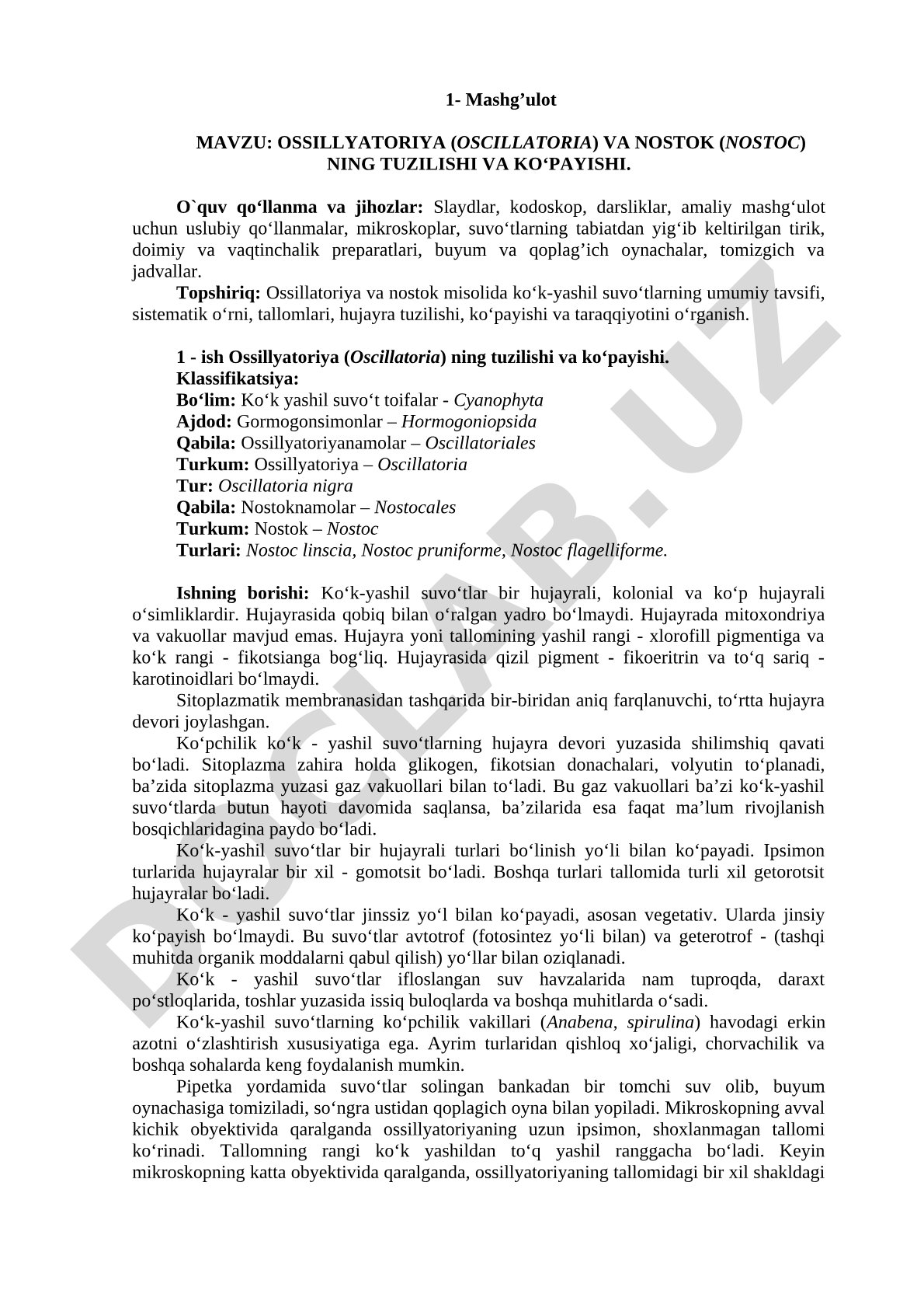OSSILLYATORIYA (OSCILLATORIA) VA NOSTOK (NOSTOC) NING TUZILISHI VA KO‘PAYISHI