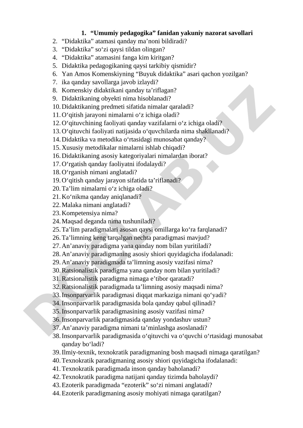 Umumiy pedagogika fanidan yakuniy nazorat savollari