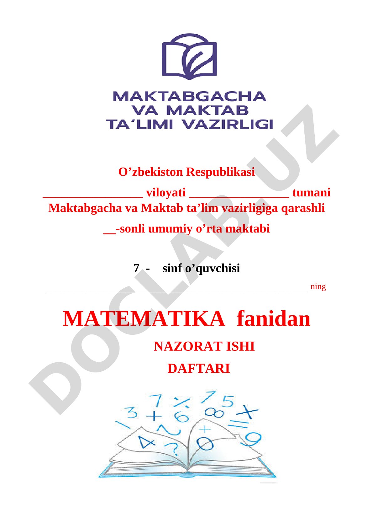 7-sinf matematika fanidan nazorat ishi