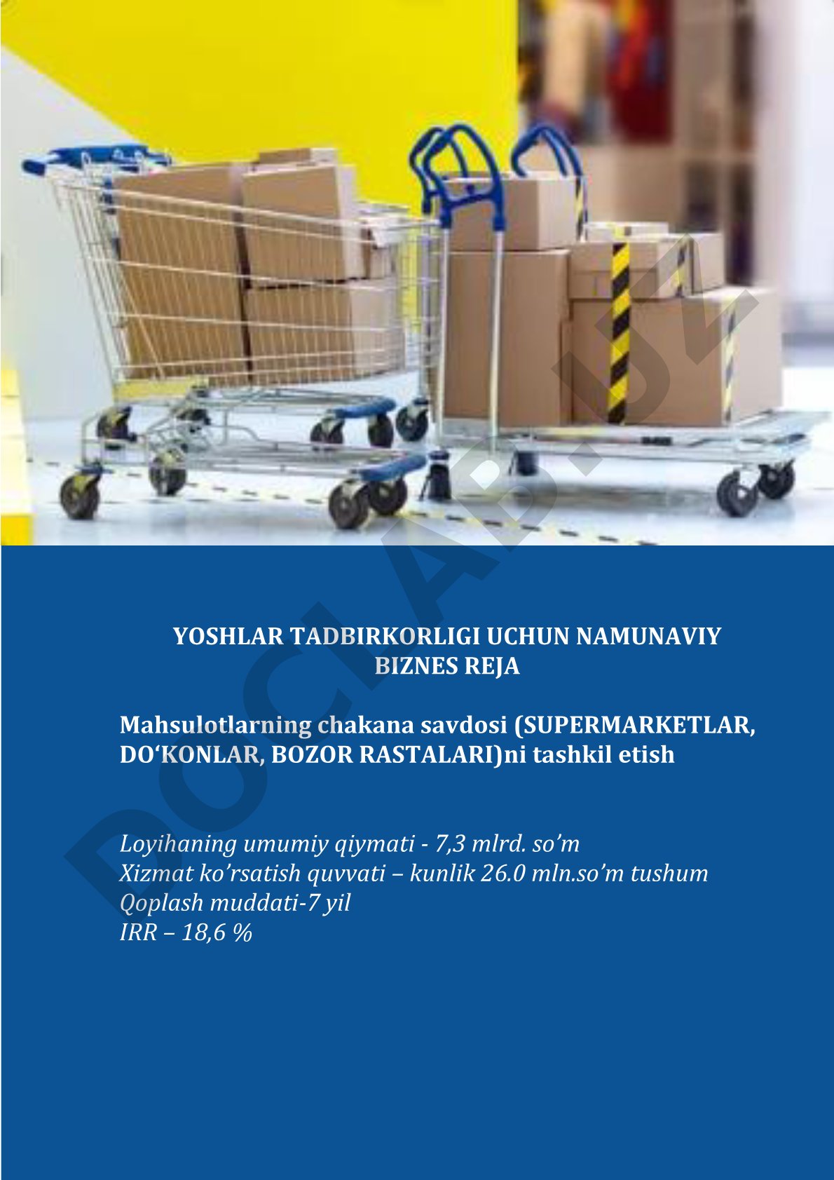 Yoshlar tadbirkorligi uchun mahsulotlarning chakana savdosi biznes rejasi