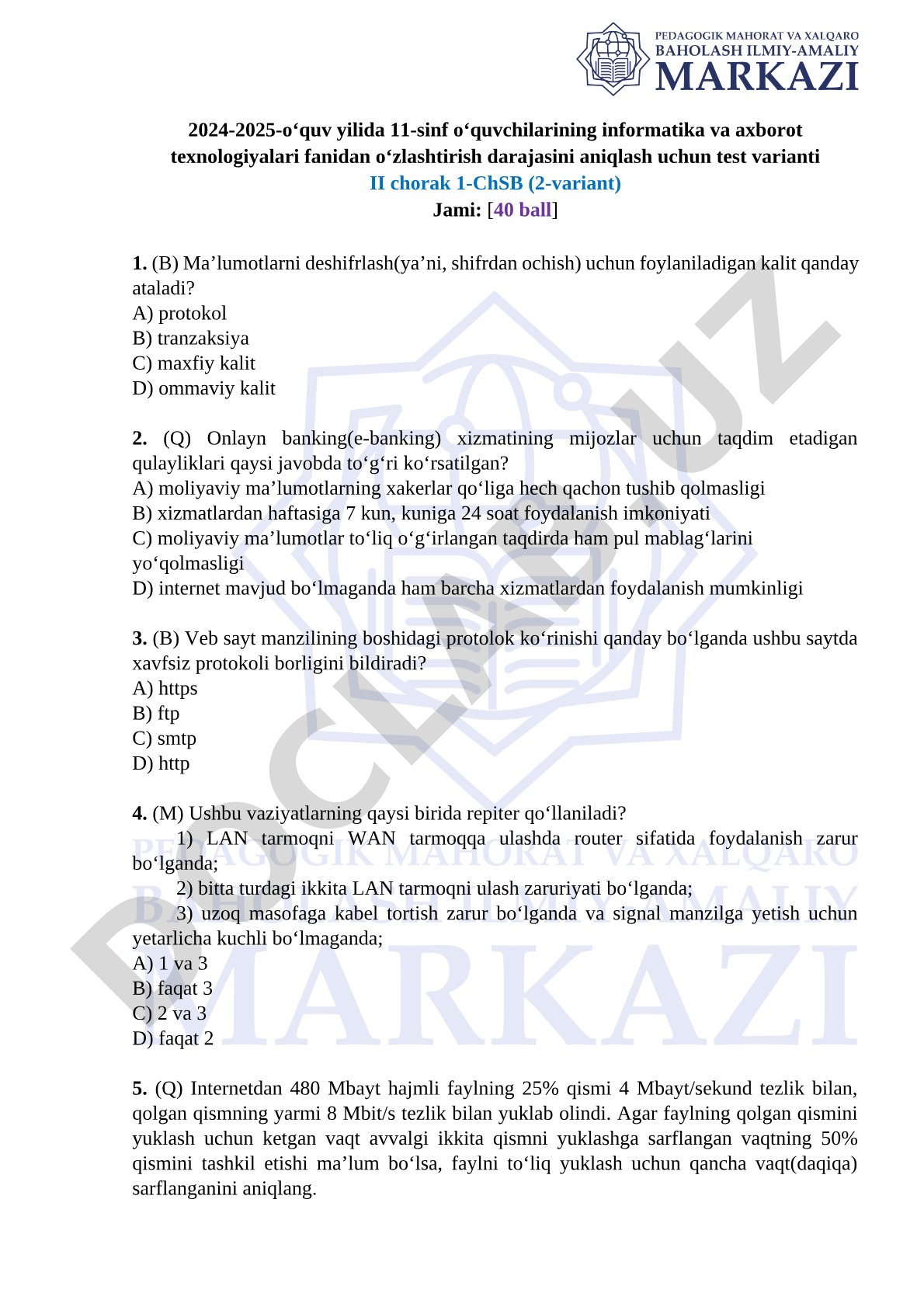 11-sinf o‘quvchilarining informatika va axborot texnologiyalari fanidan o‘zlashtirish darajasini aniqlash