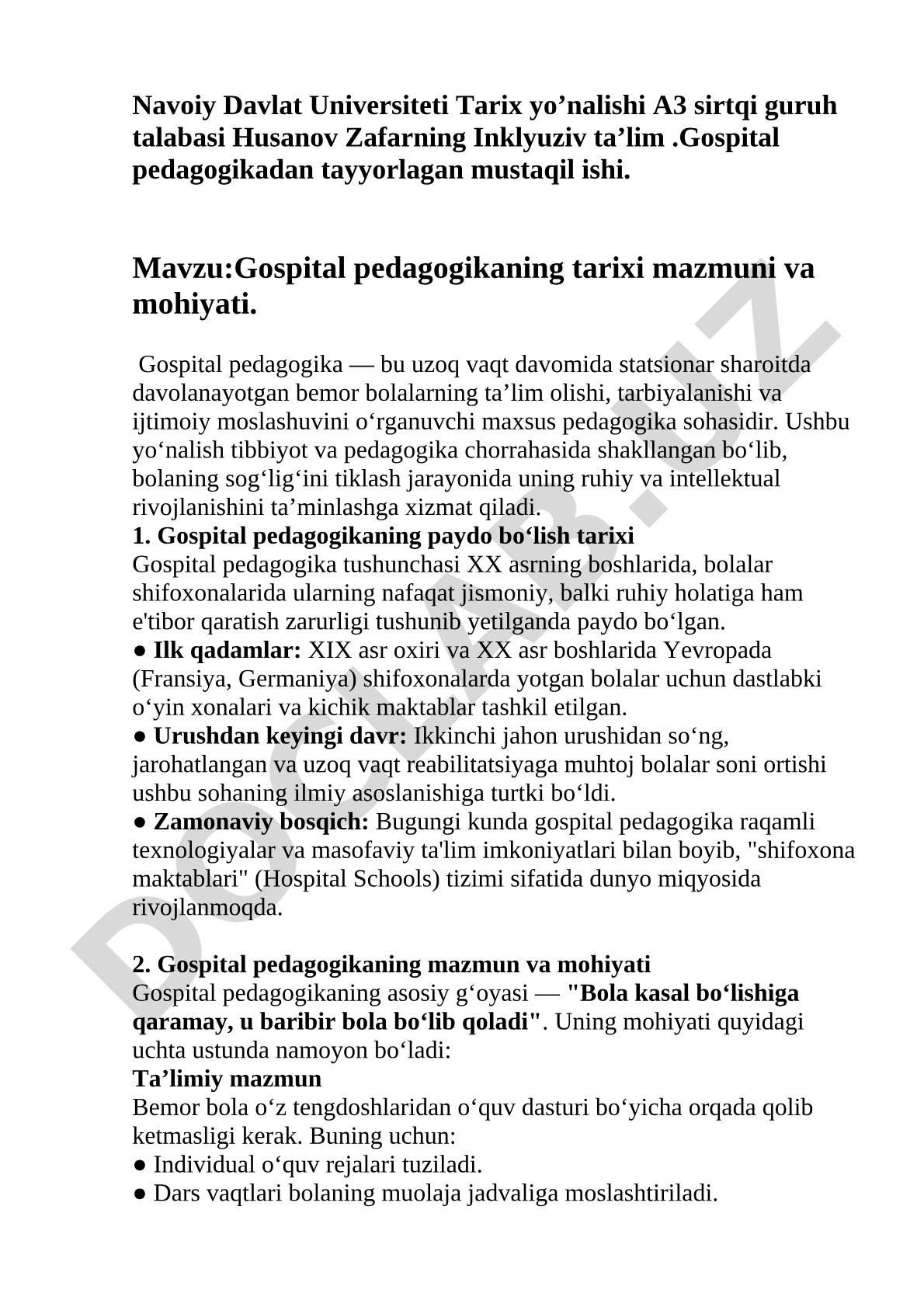 Gospital pedagogikaning tarixi mazmuni va mohiyati