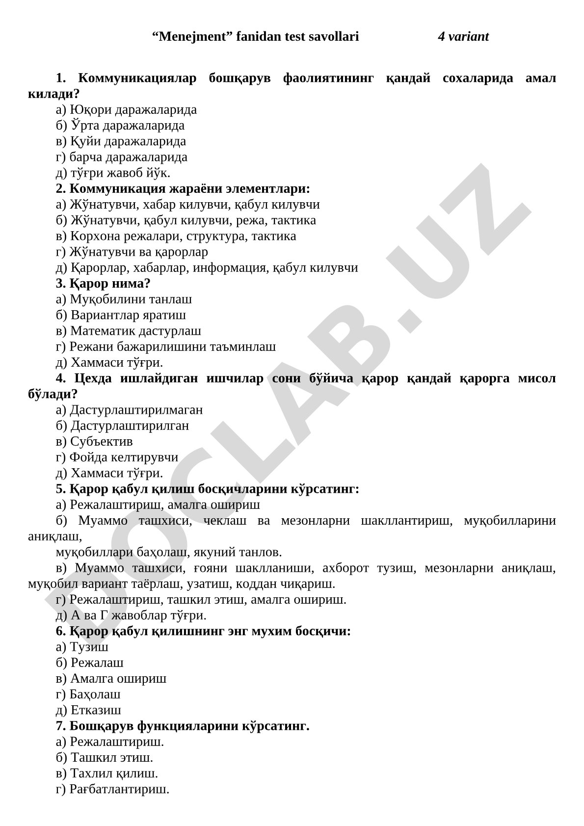 Menejment fanidan test savollari 4 variant