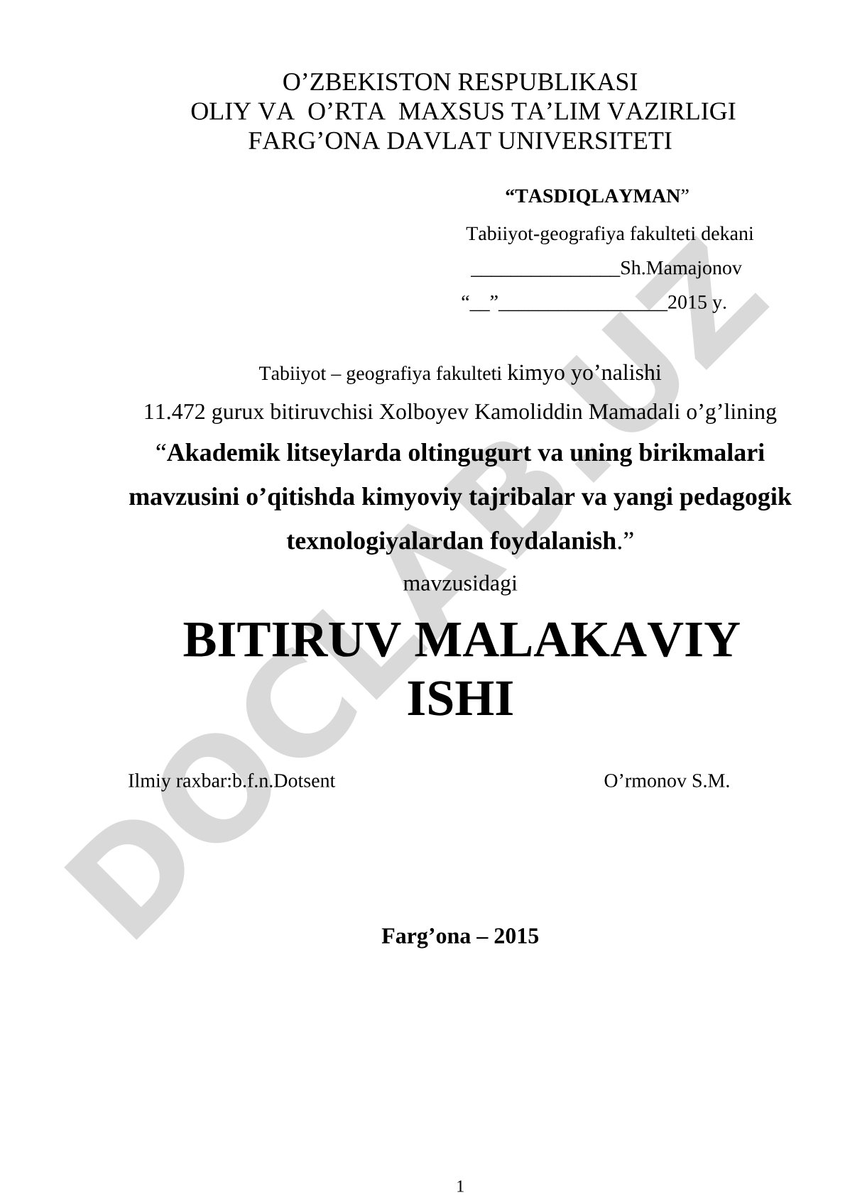 Akademik litseylarda oltingugurt va uning birikmalari mavzusini o’qitishda kimyoviy tajribalar va yangi pedagogik texnologiyalardan foydalanish