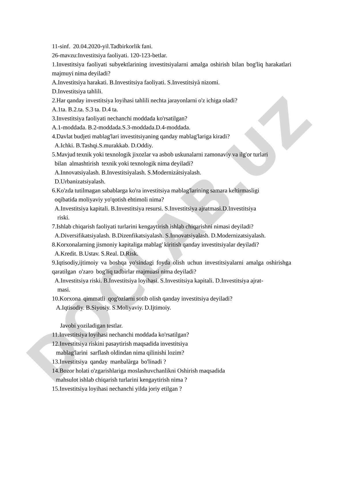 Investitsiya faoliyati bo'yicha test savollari
