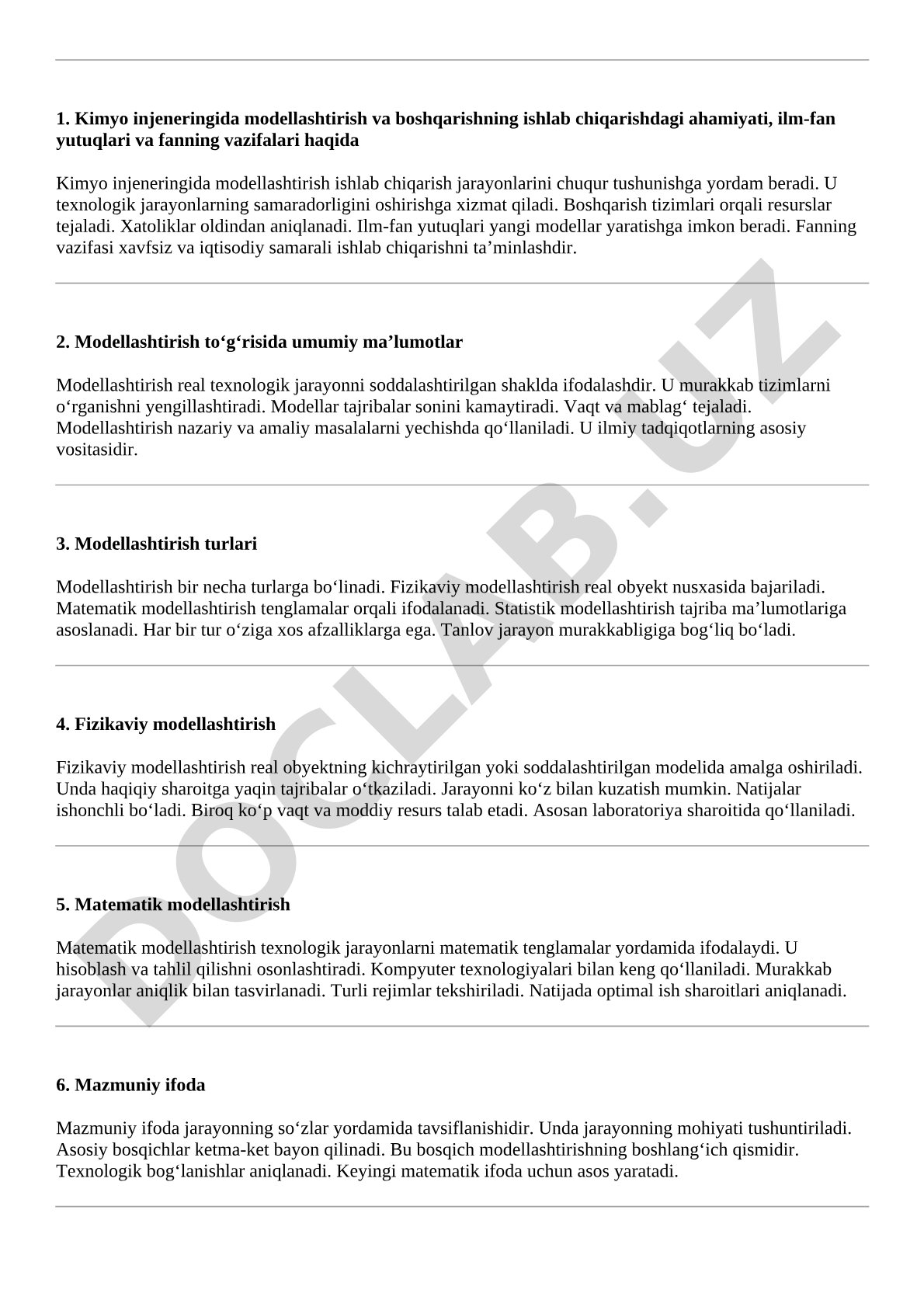 Kimyo injeneringida modellashtirish va boshqarish