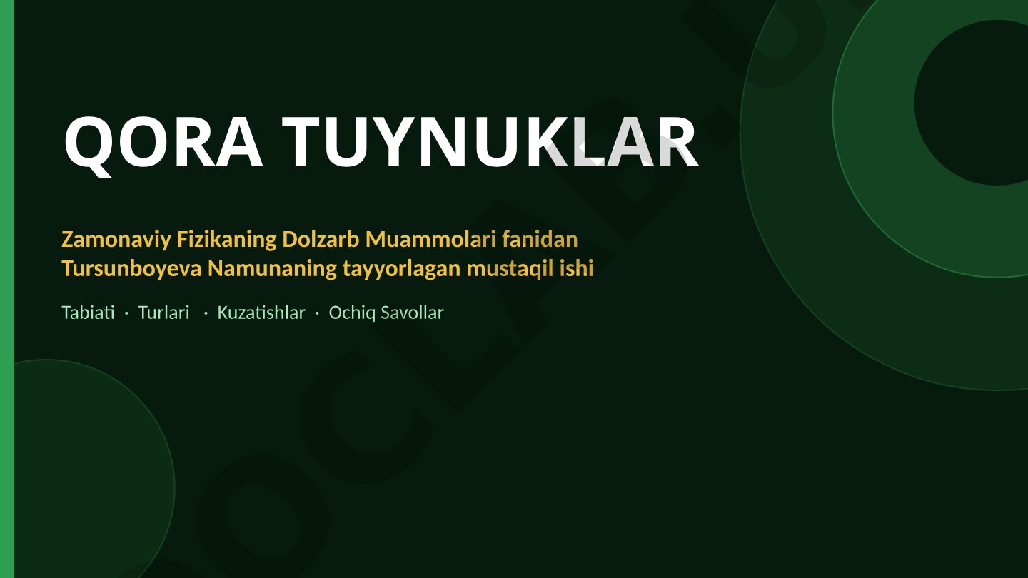 Qora tuynuklarning tabiati, turlari, tarixi, kuzatishlari va ochiq savollari haqida