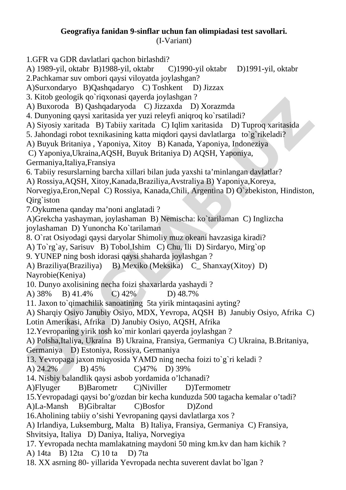 Geografiya fanidan 9-sinf olimpiadasi test savollari