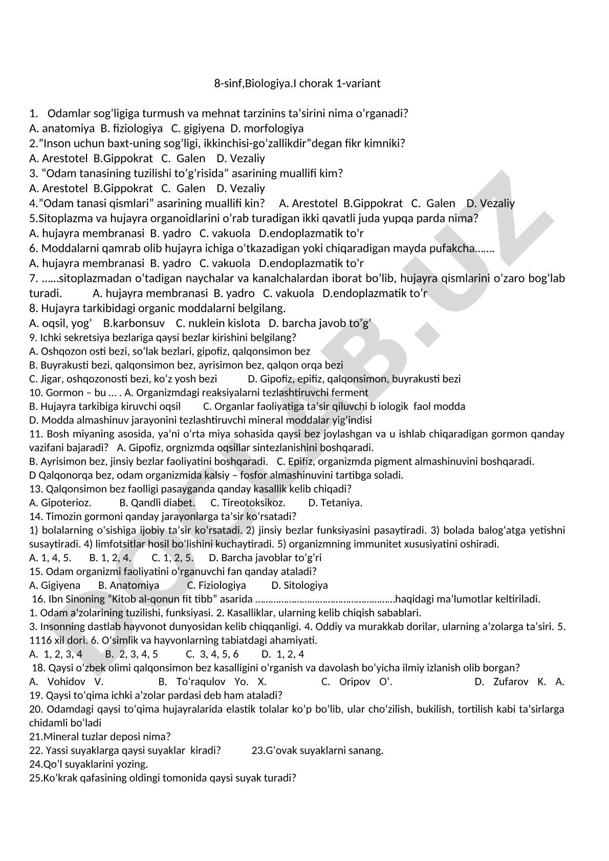 Biologiya 8-sinf I chorak 1-variant