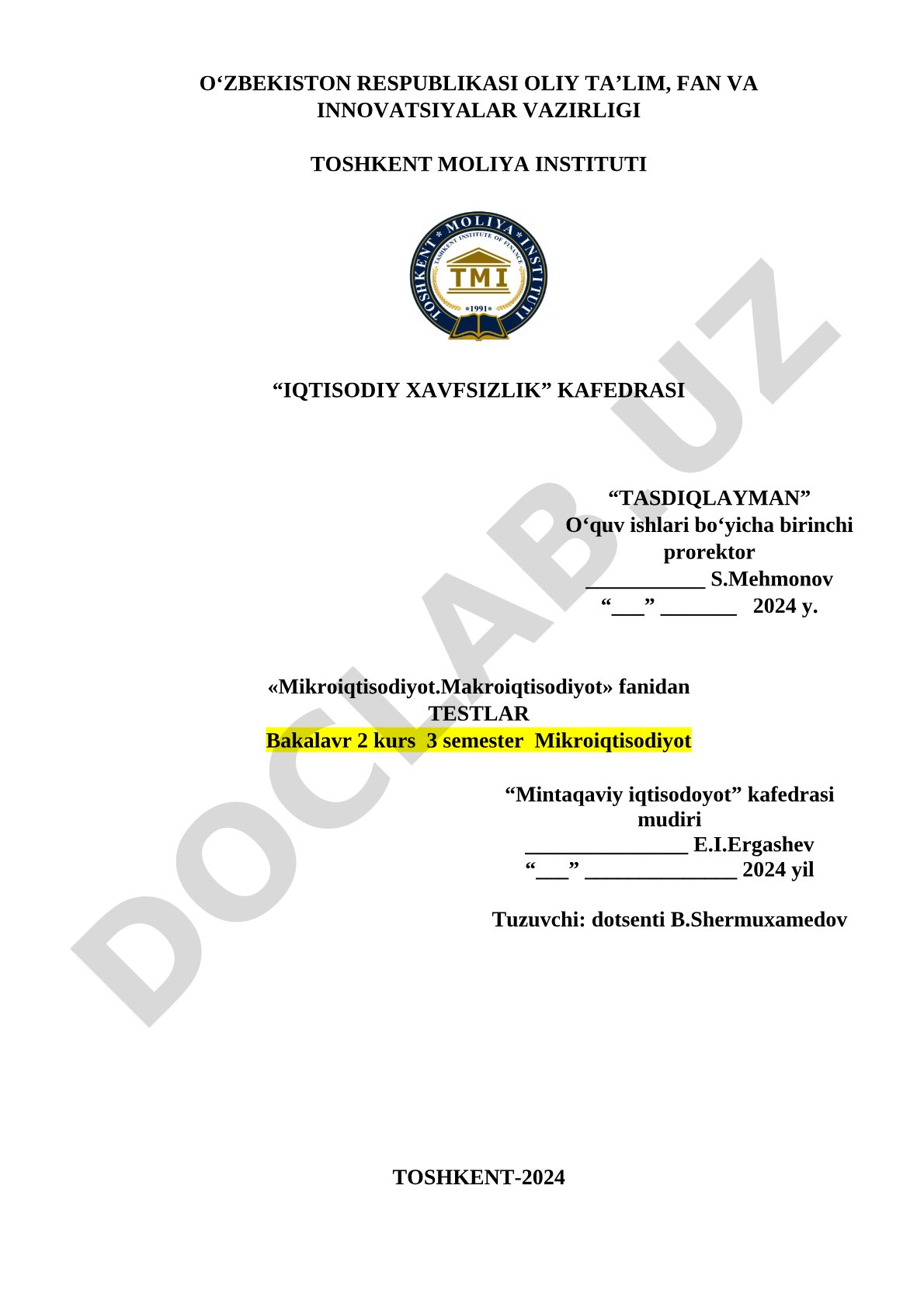 Mikroiqtisodiyot va makroiqtisodiyot fanidan test savollari to'plami