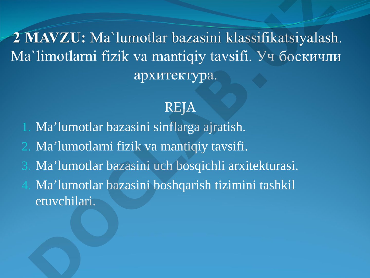 Ma’lumotlar bazasini sinflarga ajratish