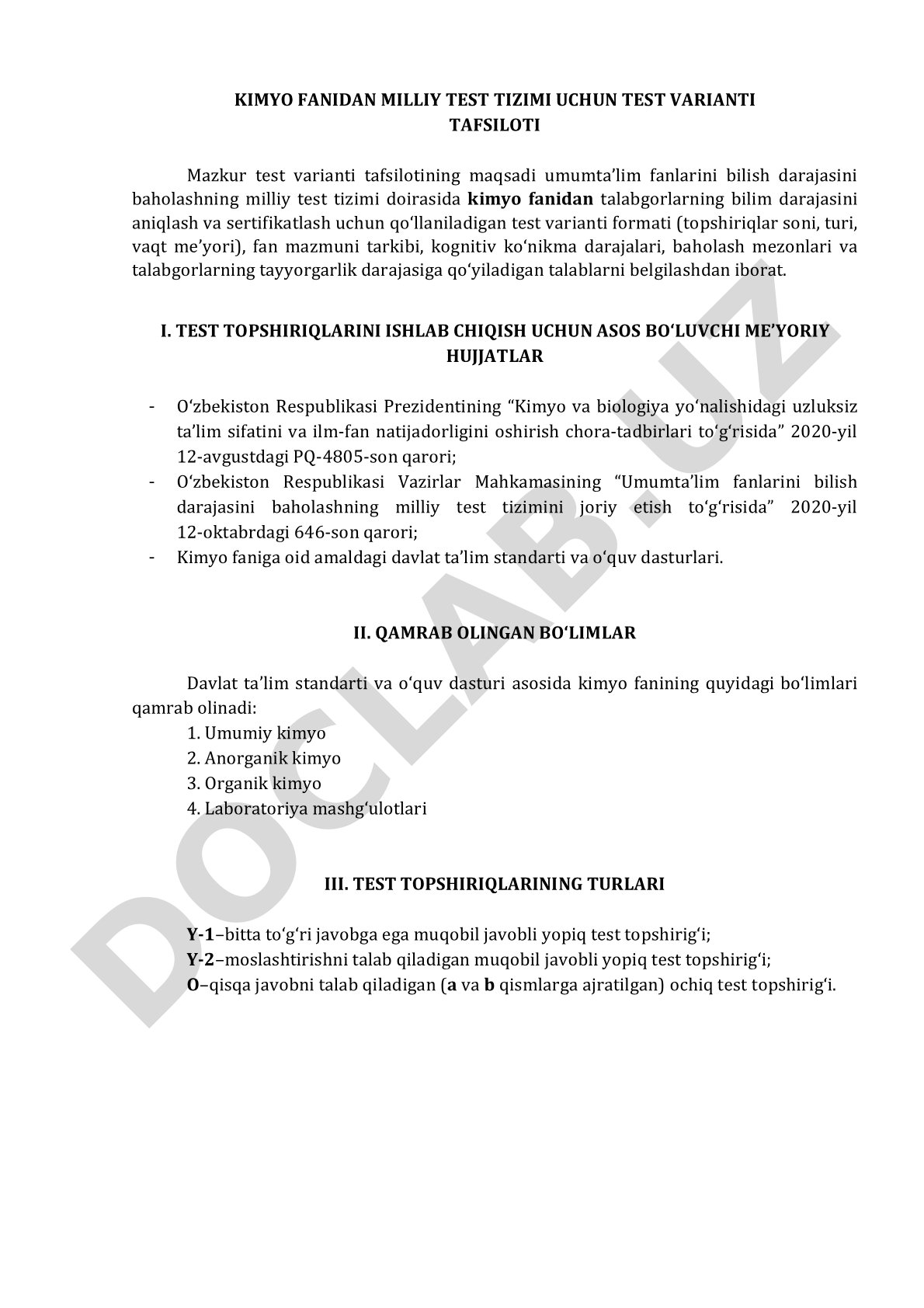 Kimyo fanidan milliy test tizimi uchun test varianti tafsiloti