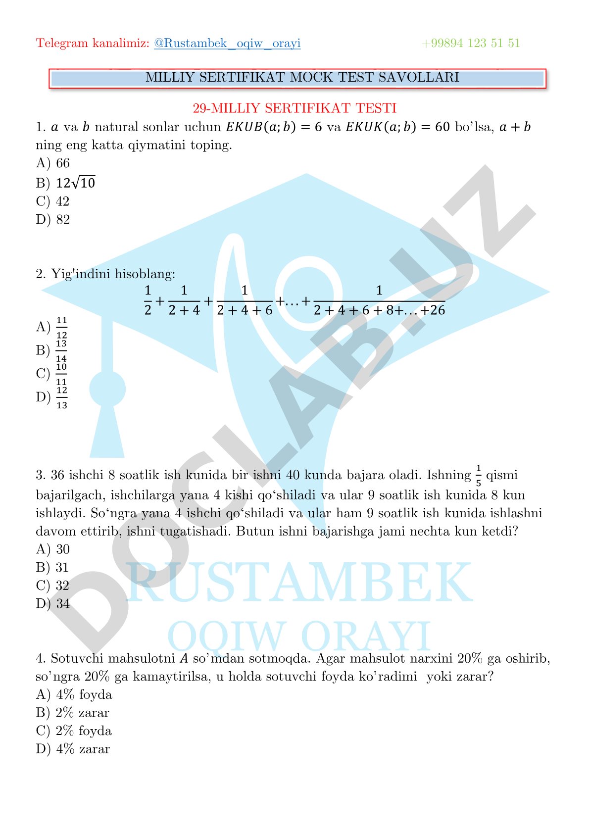 29-Milliy sertifikat mock test savollari