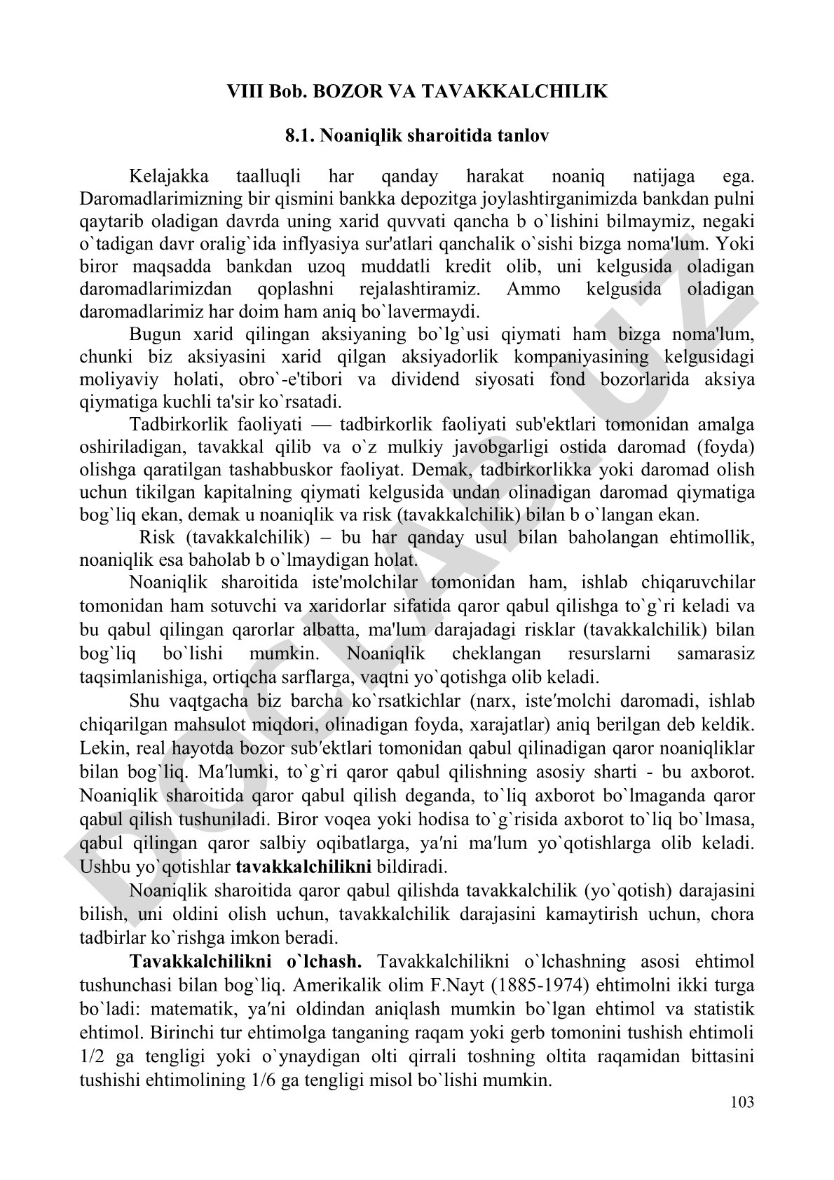 Bozor va tavakkalchilik: noaniqlik sharoitida tanlov