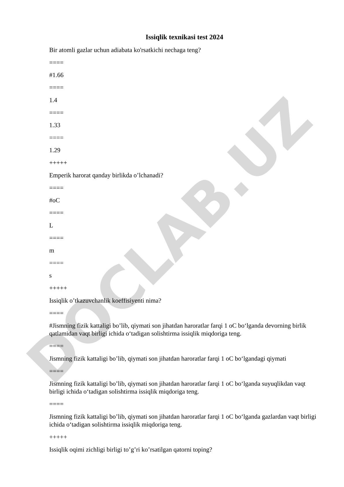 Issiqlik texnikasi test 2024