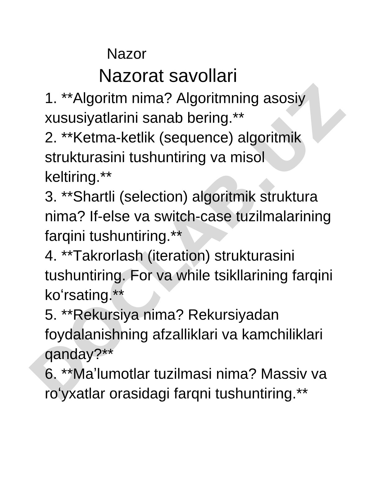 Nazor Nazorat savollari
