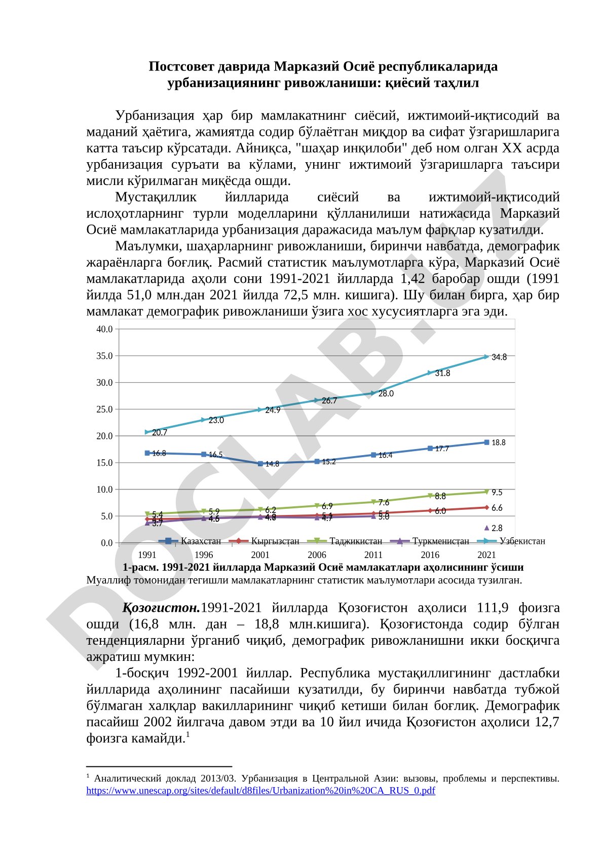 Постсовет даврида Марказий Осиё республикаларида урбанизациянинг ривожланиши: қиёсий таҳлил