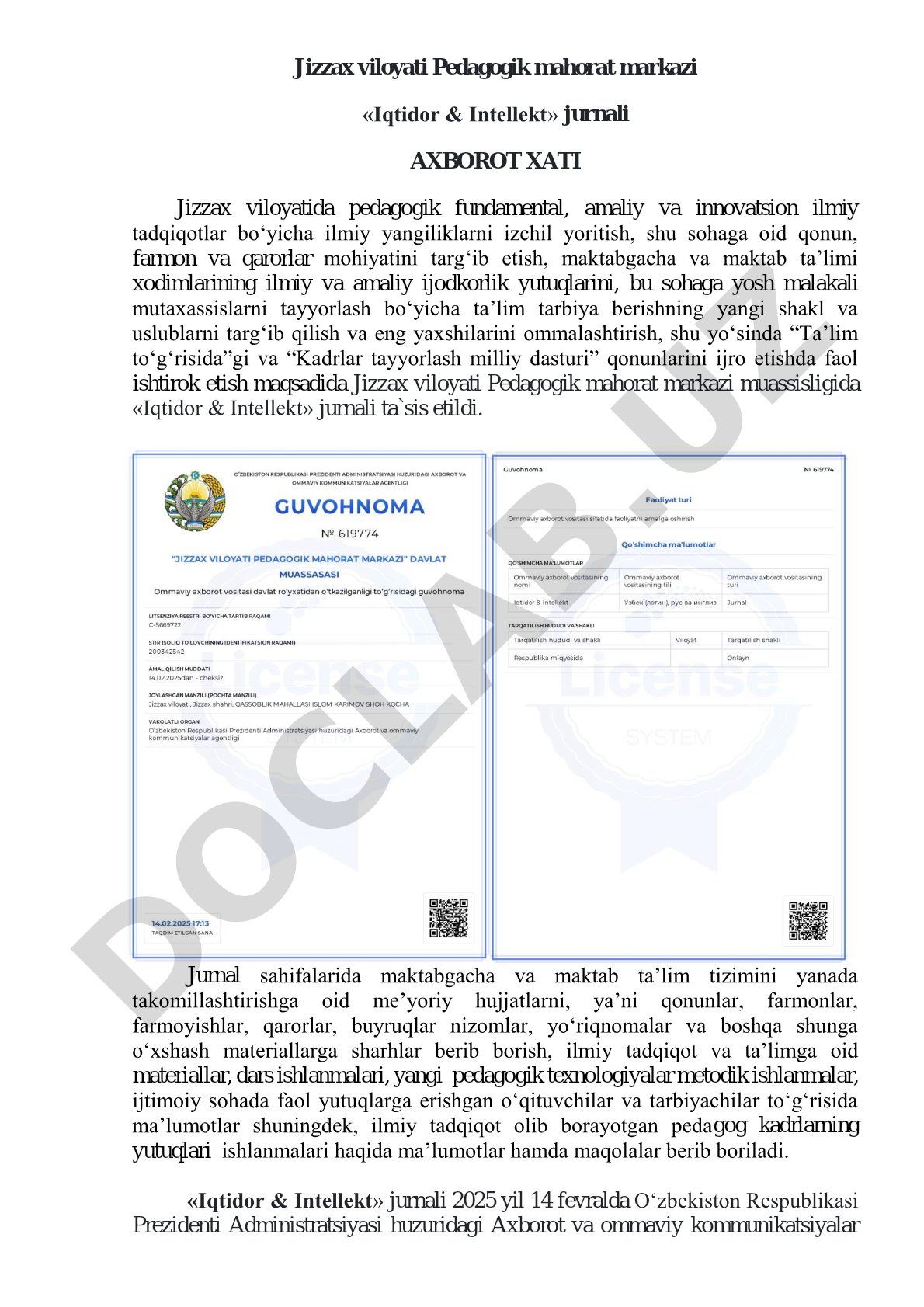 Iqtidor & Intellekt jurnali ta'sis etilishi