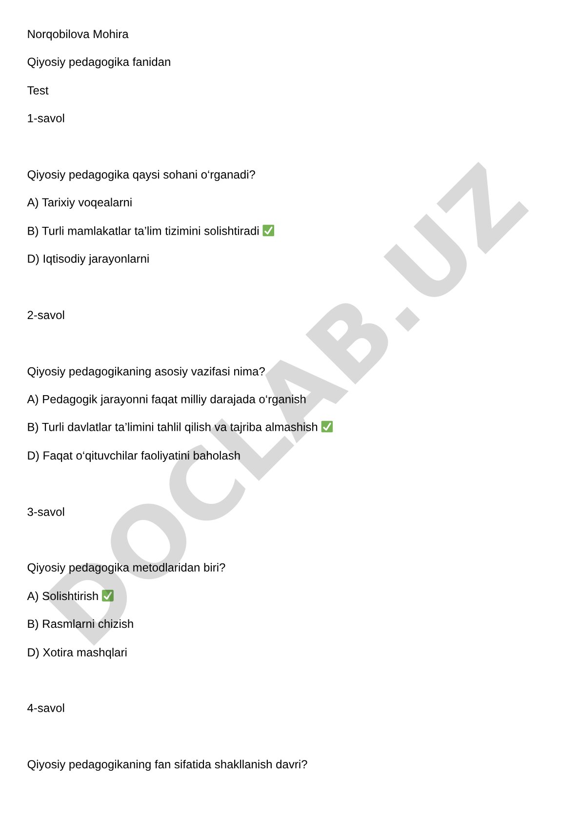 Qiyosiy pedagogika fanidan test savollari