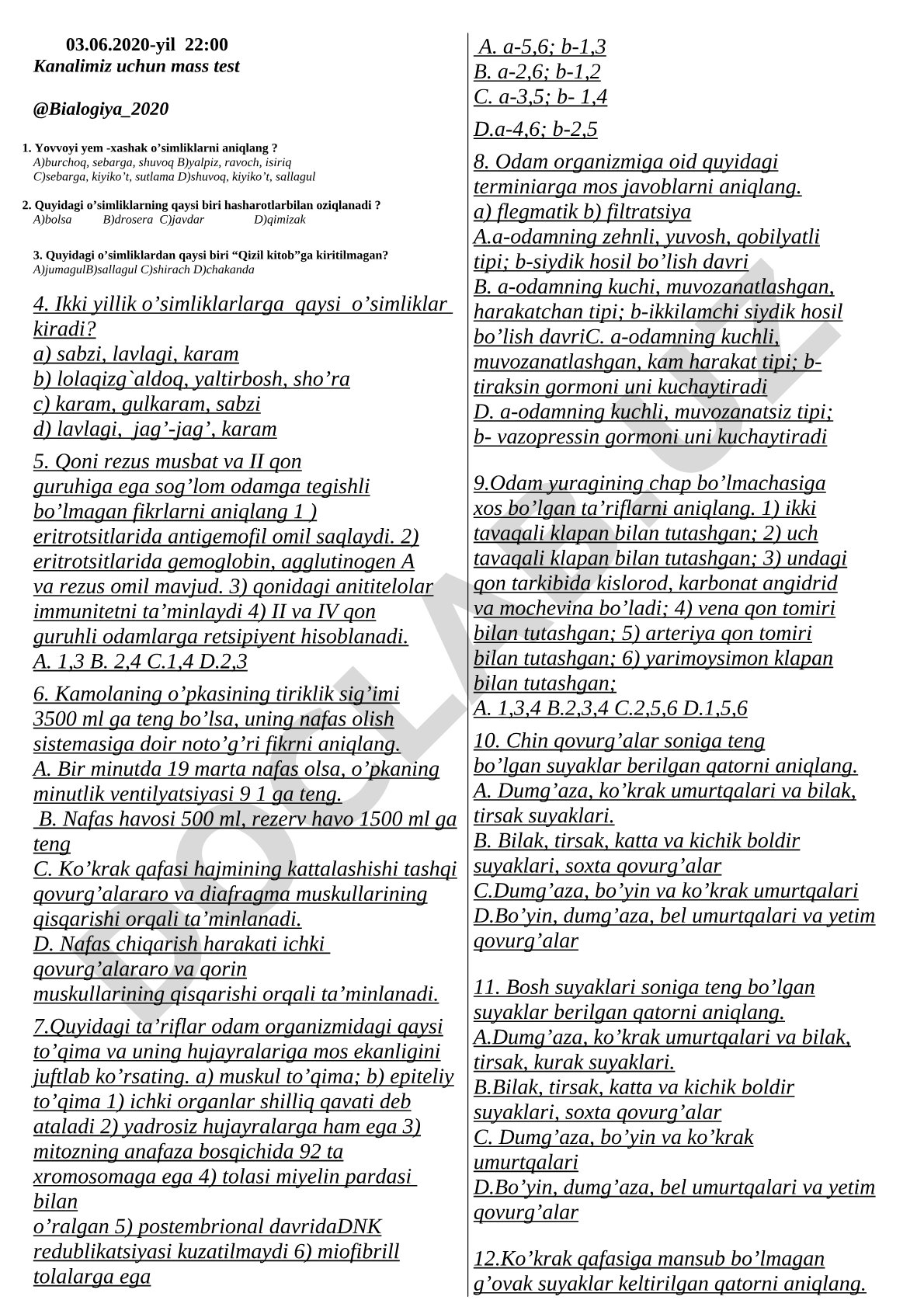 Biologiyadan o'simliklar, qon guruhlari va nafas olishga oid testlar