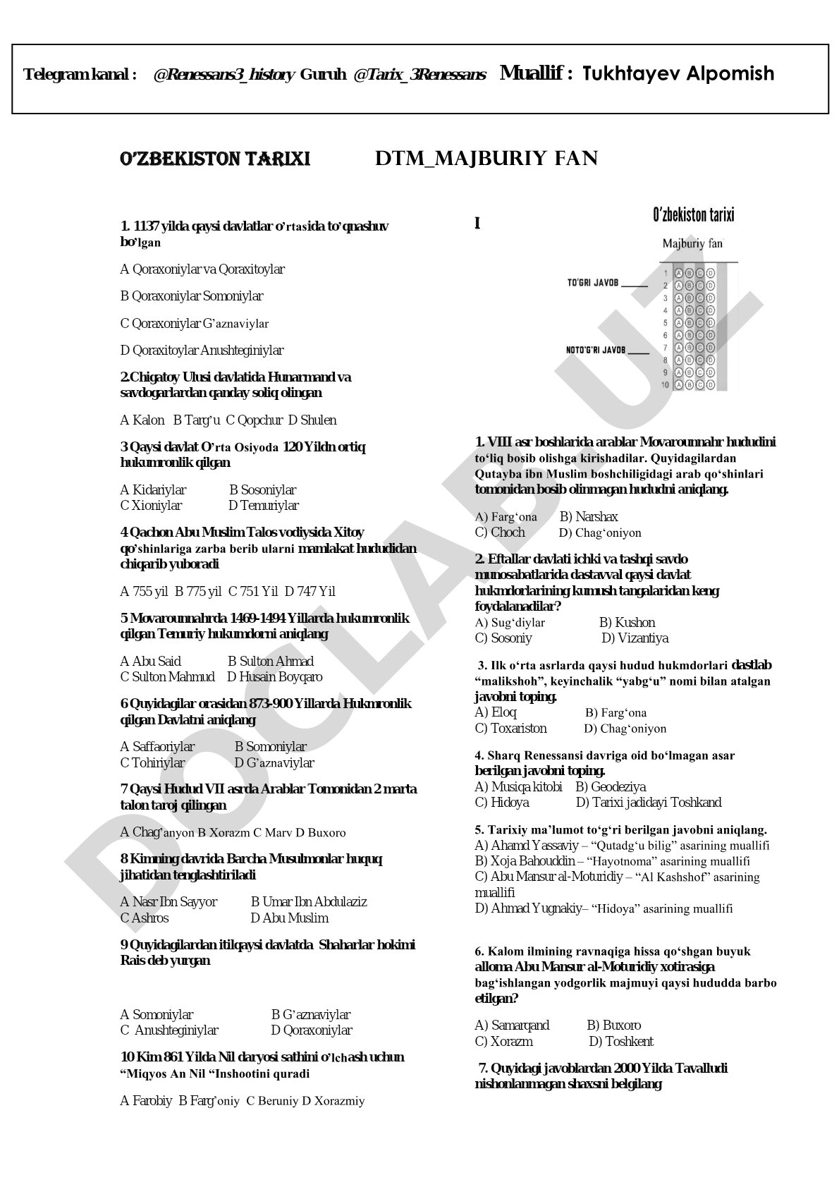 O'zbekiston tarixi fanidan test savollari
