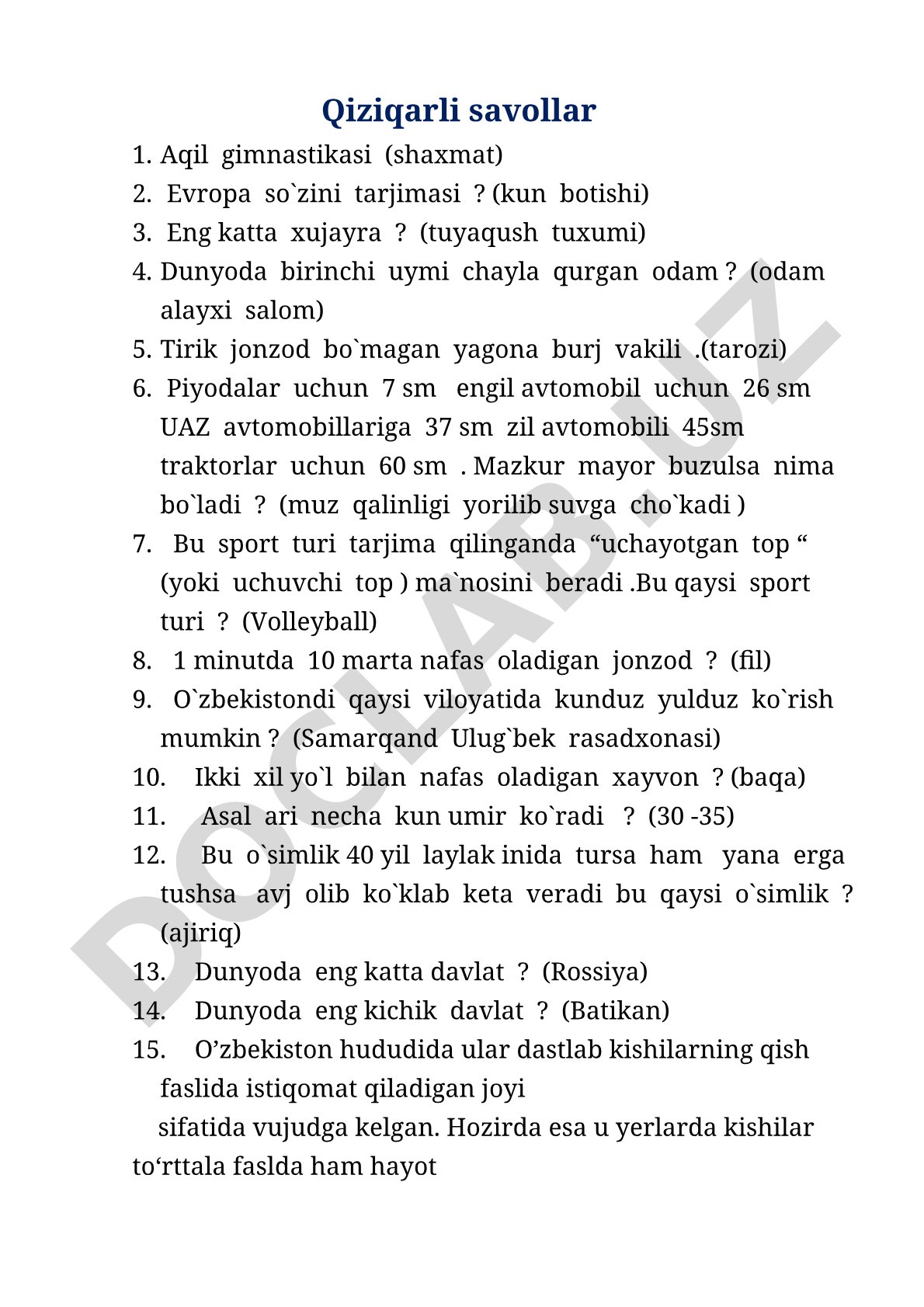 Qiziqarli savollar aqil gimnastikasi