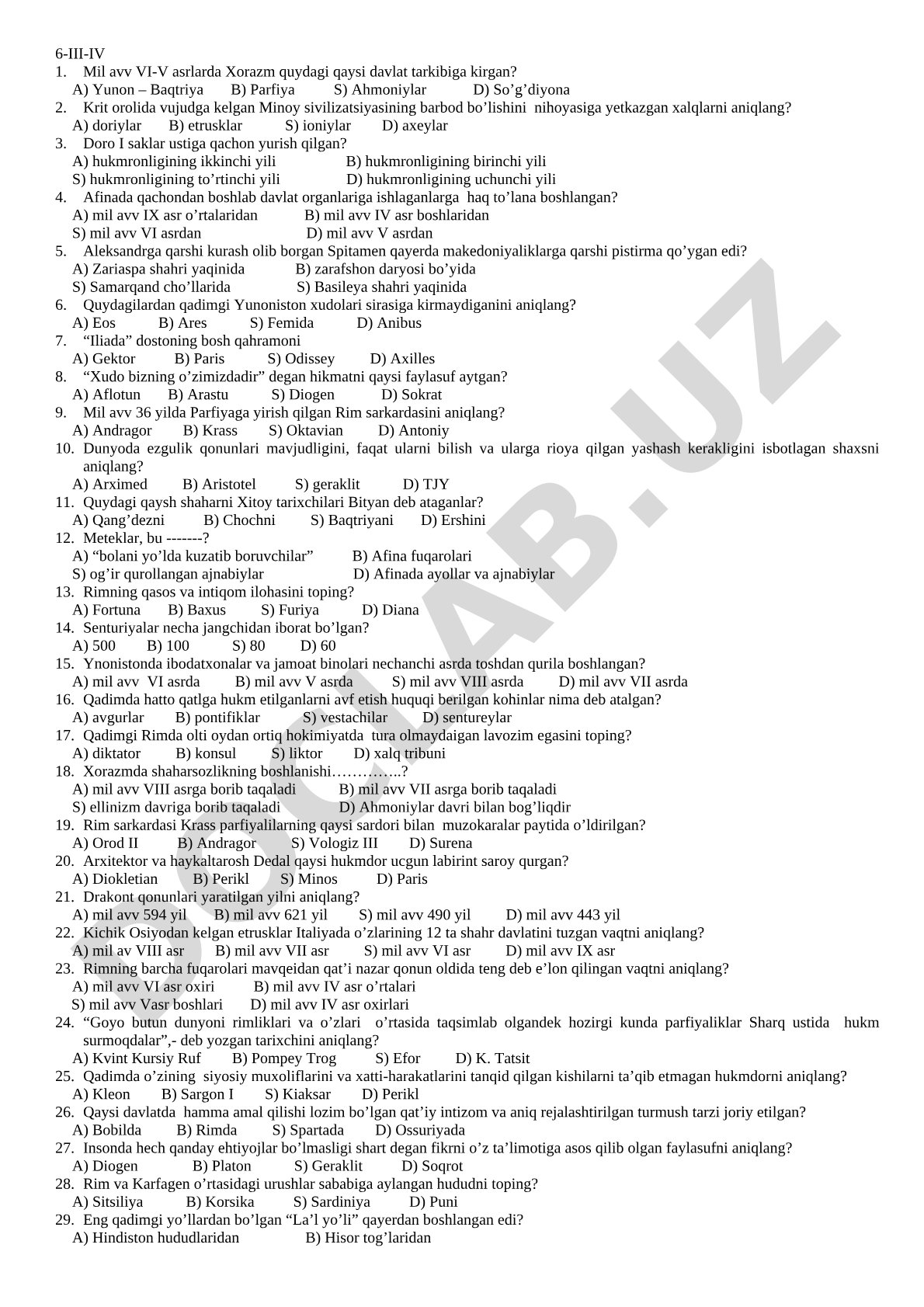 Tarix fanidan test savollari