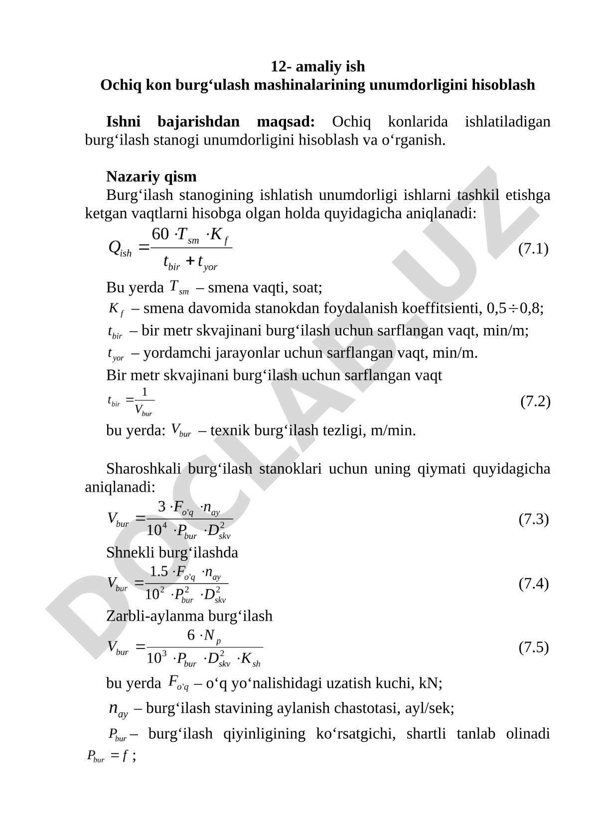 12- amaliy ish Ochiq kon burg‘ulash mashinalarining unumdorligini hisoblash