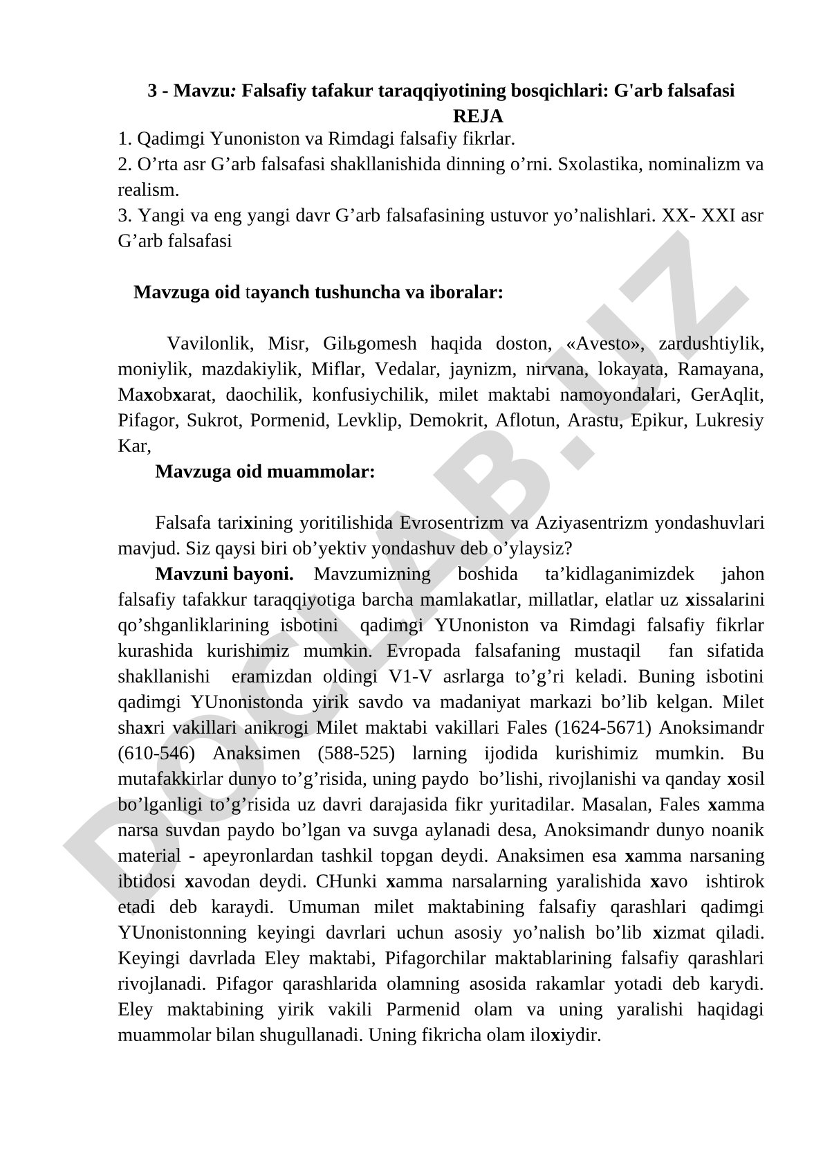 Falsafiy tafakur taraqqiyotining bosqichlari: G'arb falsafasi
