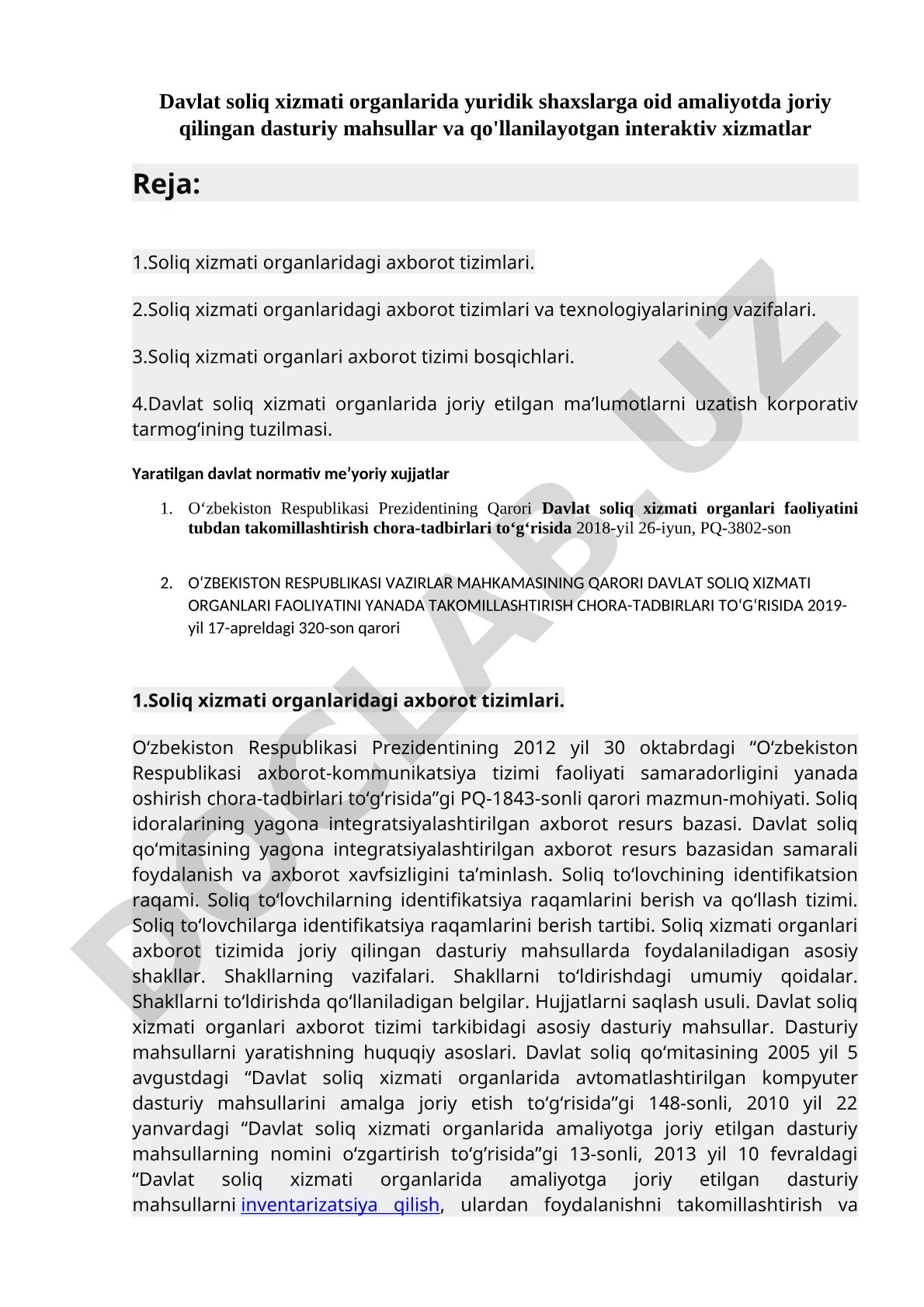 Davlat soliq xizmati organlarida yuridik shaxslarga oid amaliyotda joriy qilingan dasturiy mahsullar va qo'llanilayotgan interaktiv xizmatlar
