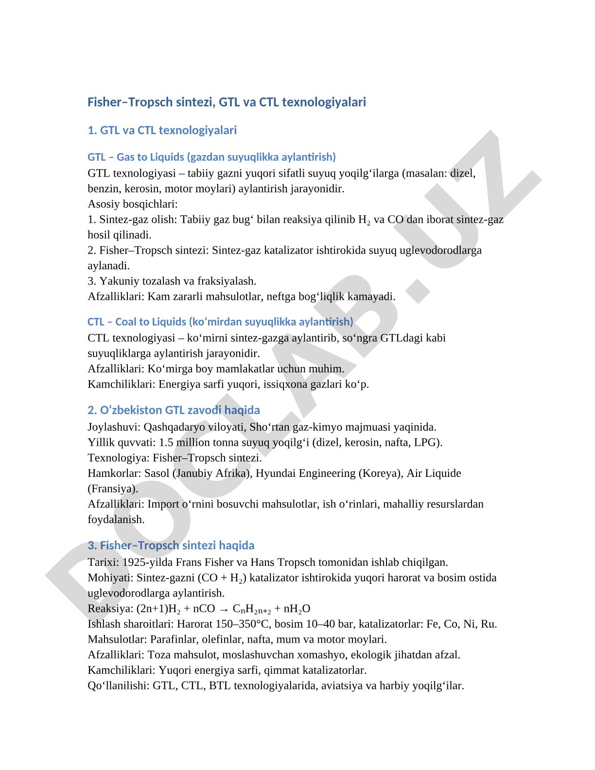 Fisher–Tropsch sintezi, GTL va CTL texnologiyalari