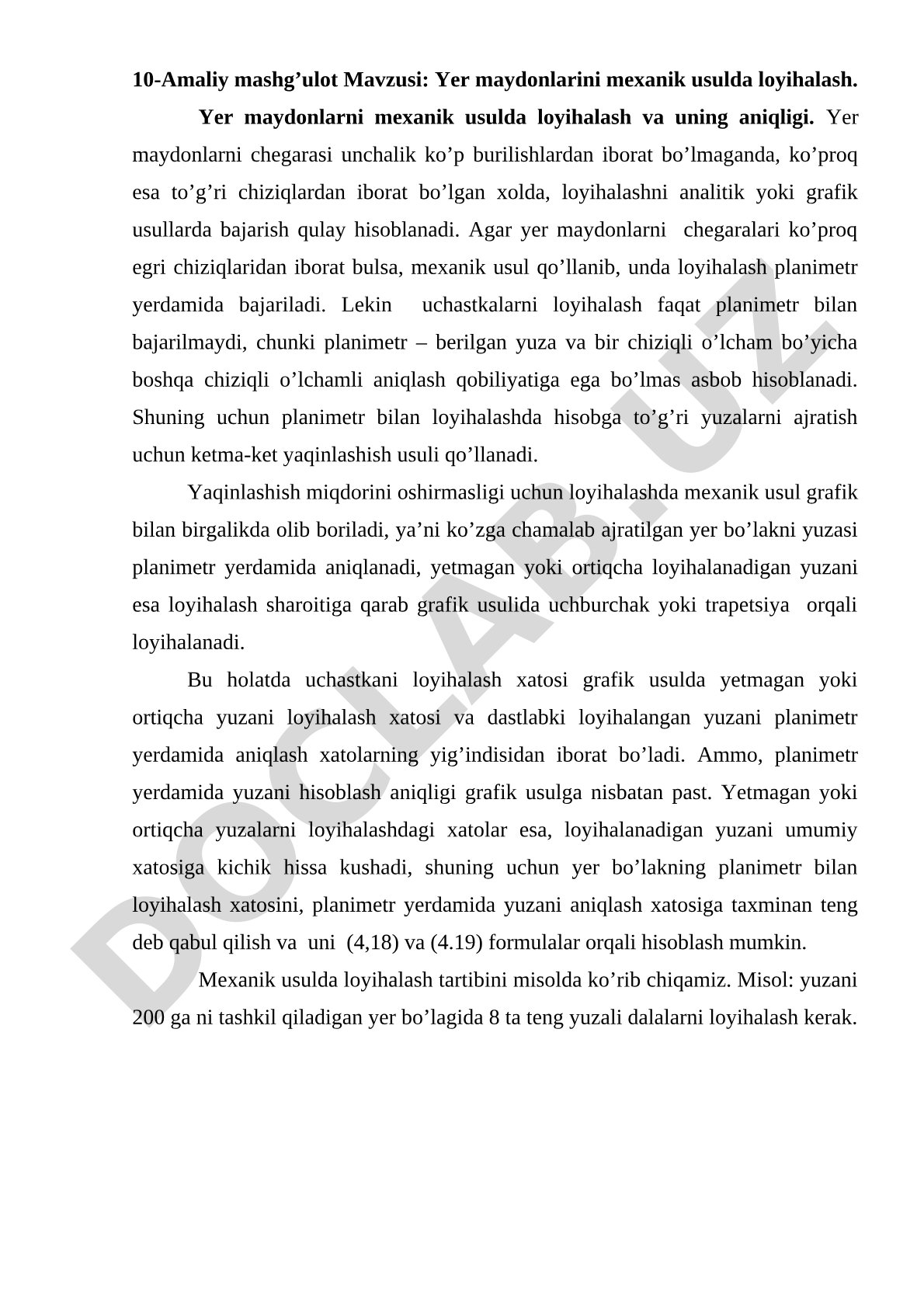 Yer maydonlarini mexanik usulda loyihalash