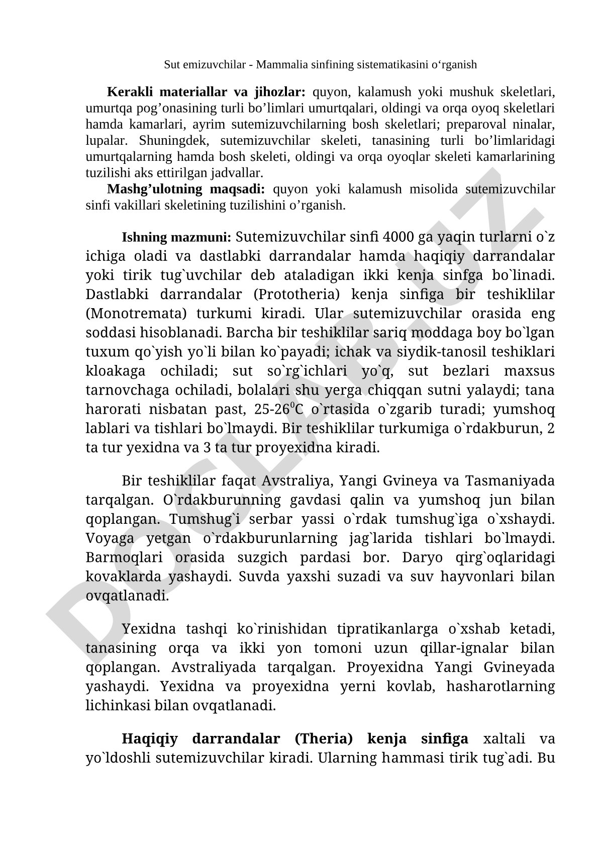 Sut emizuvchilar sinfi sistematikasi va skelet tuzilishi