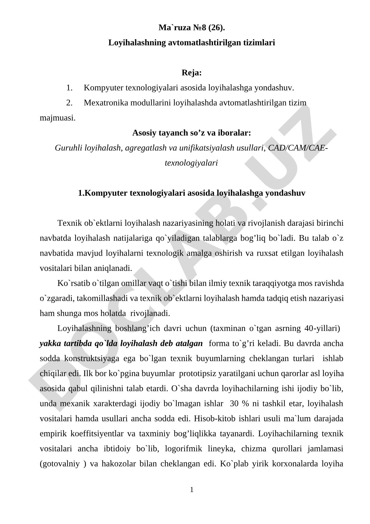 Avtomatlashtirilgan loyihalash tizimlari bo'yicha ma'ruza matni