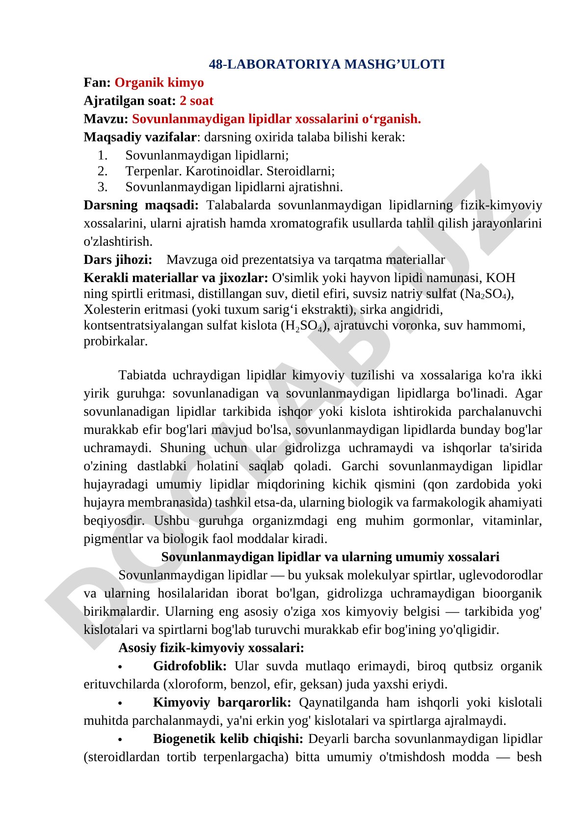 Sovunlanmaydigan lipidlar xossalarini o‘rganish