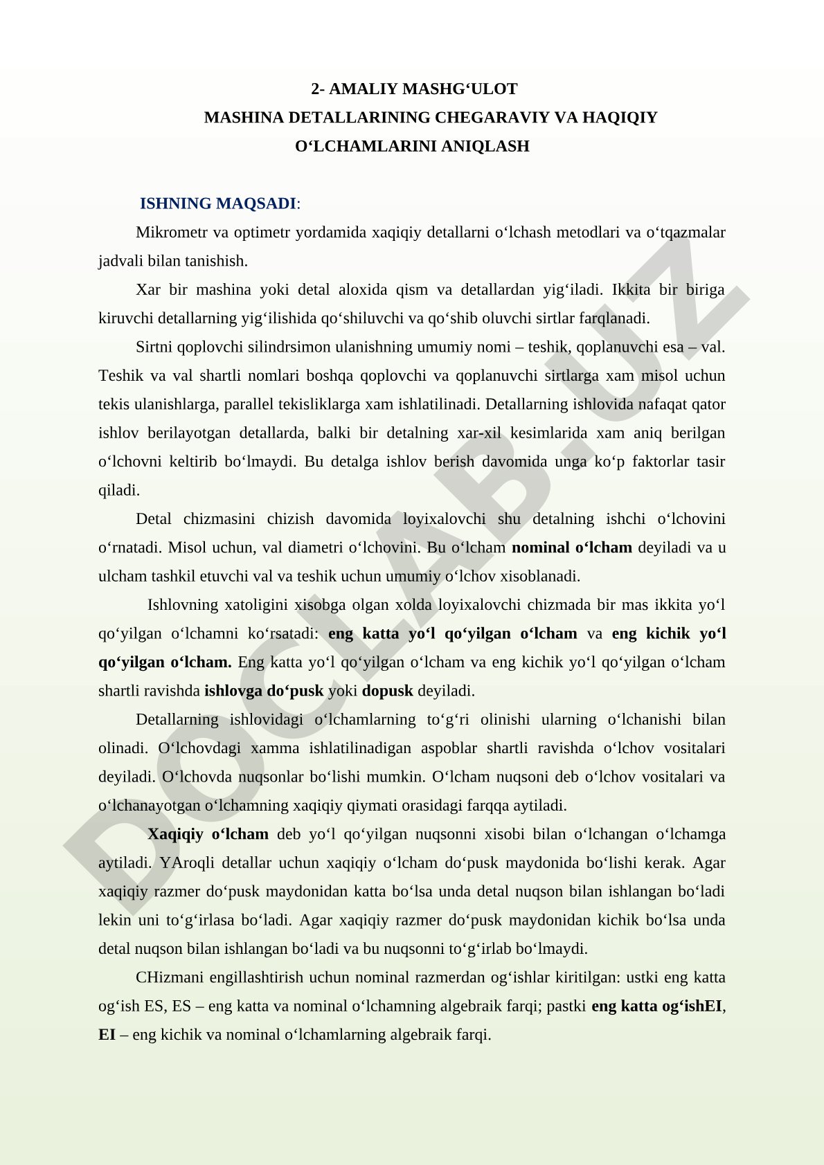 2- AMALIY MASHG‘ULOT MASHINA DETALLARINING CHEGARAVIY VA HAQIQIY O‘LCHAMLARINI ANIQLASH