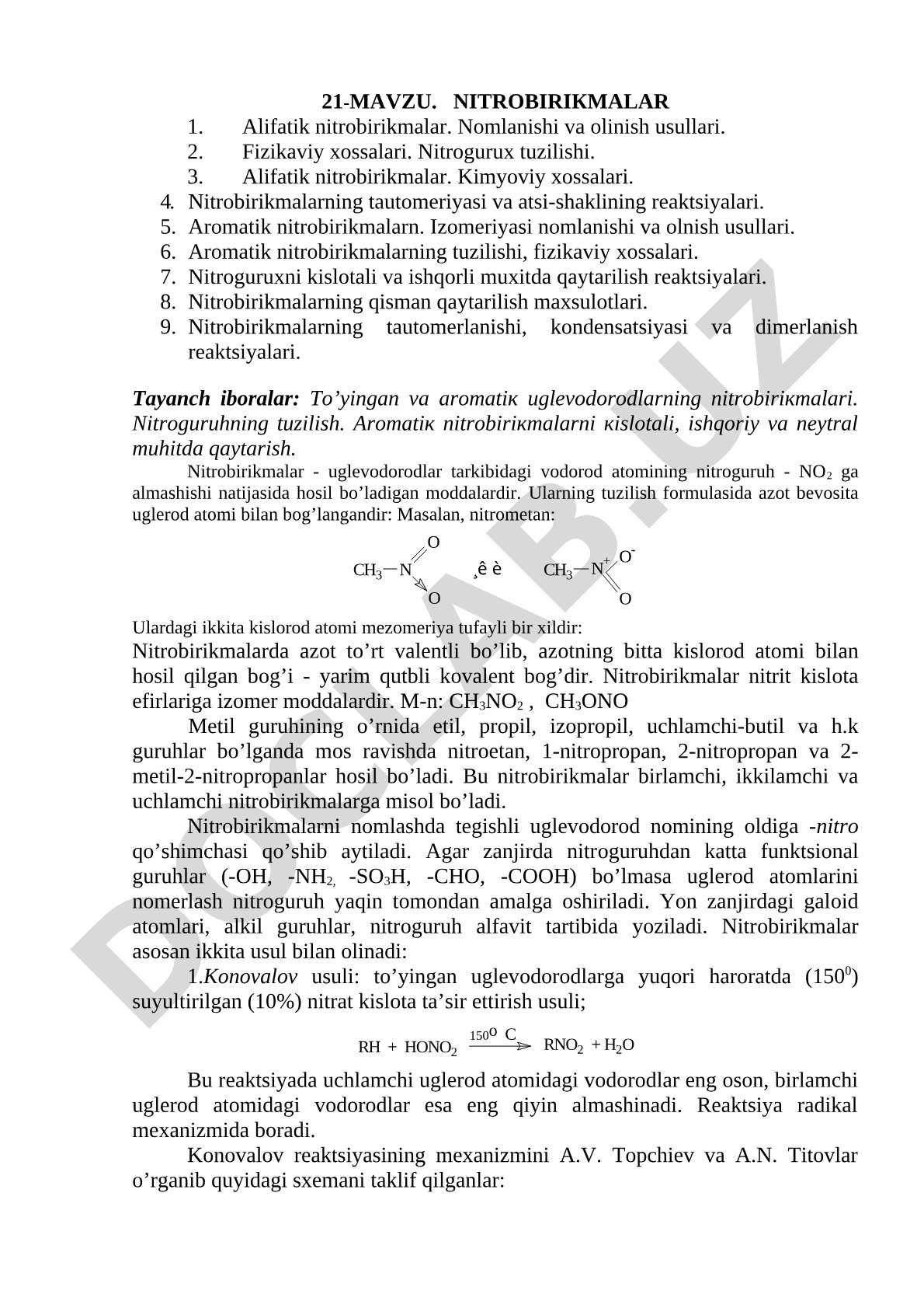 Nitro birikmalarning olinishi, xossalari, tuzilishi va qaytarilish reaksiyalari