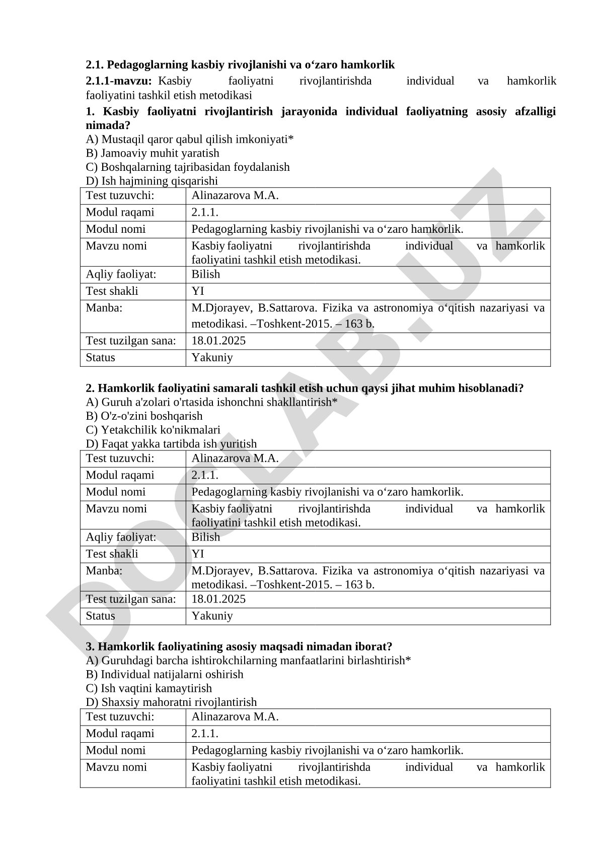 Kasbiy faoliyatni rivojlantirishda individual va hamkorlik faoliyatini tashkil etish metodikasi