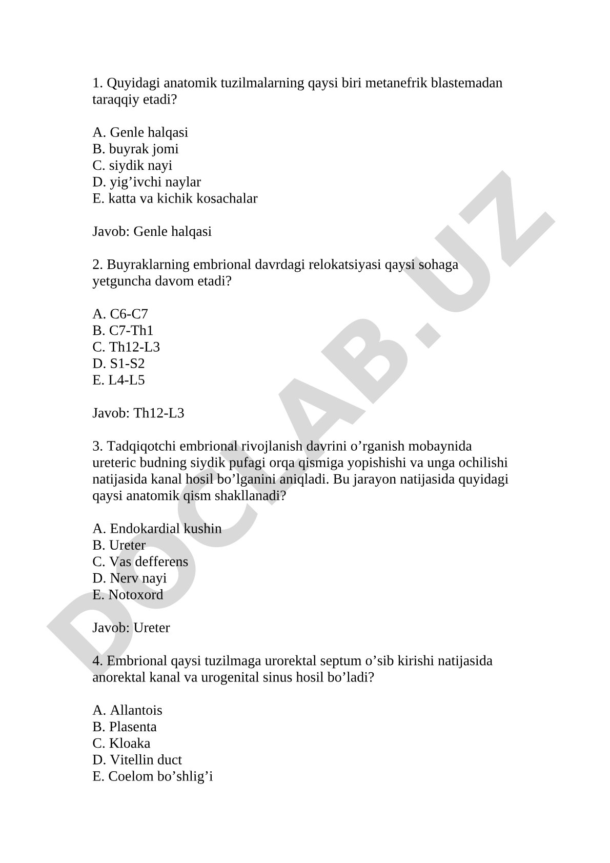 Buyraklarning embrional rivojlanishi test savollari