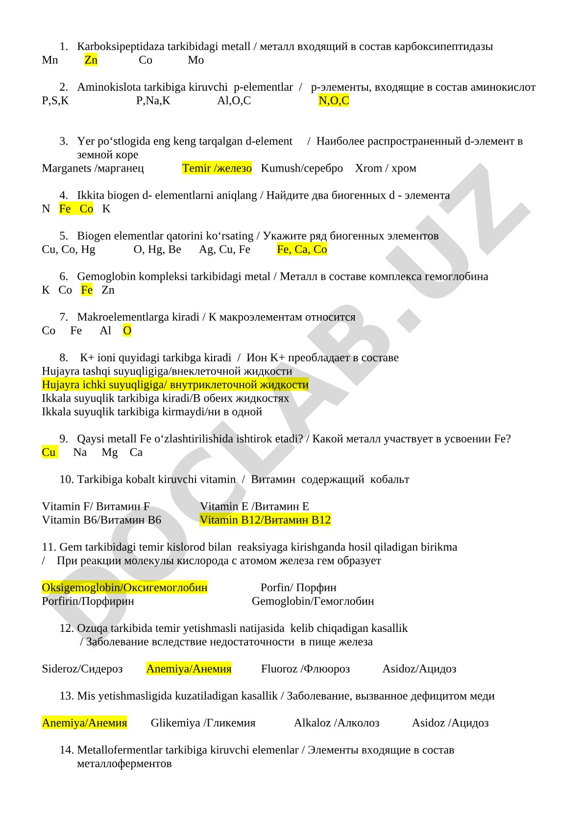 Karboksipeptidaza tarkibidagi metall va biogen elementlar
