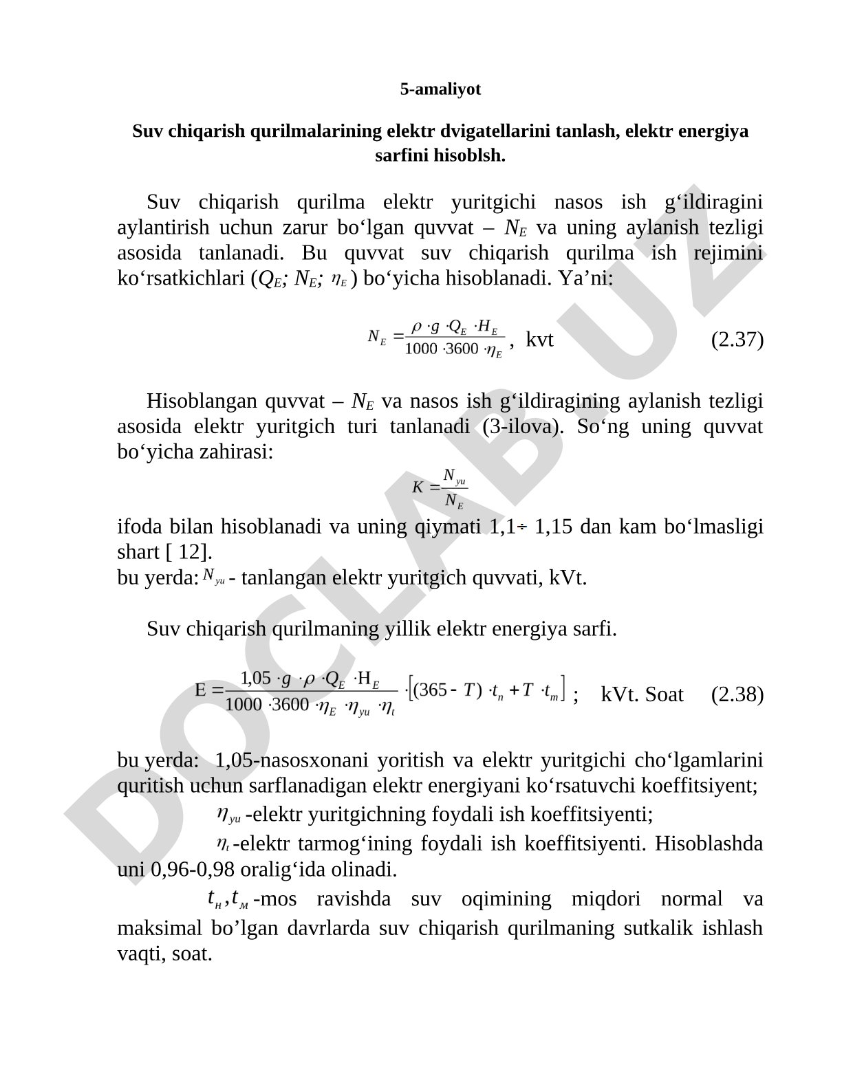 Suv chiqarish qurilmalarining elektr dvigatellarini tanlash, elektr energiya sarfini hisoblsh