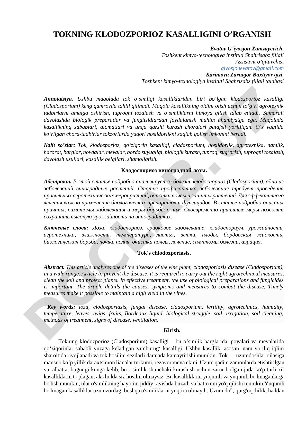Tokning klodozporioz kasalligini o'rganish