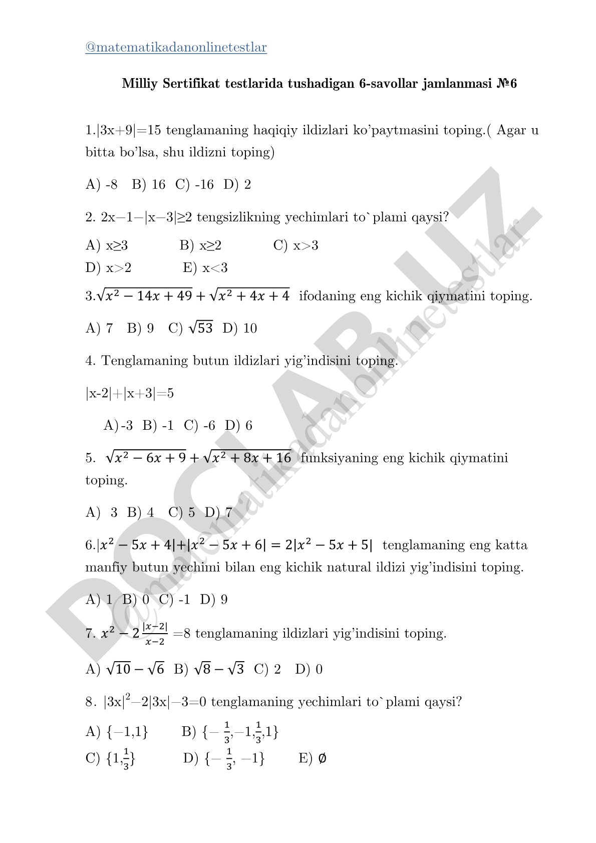 Milliy Sertifikat testlarida tushadigan 6-savollar jamlanmasi №6