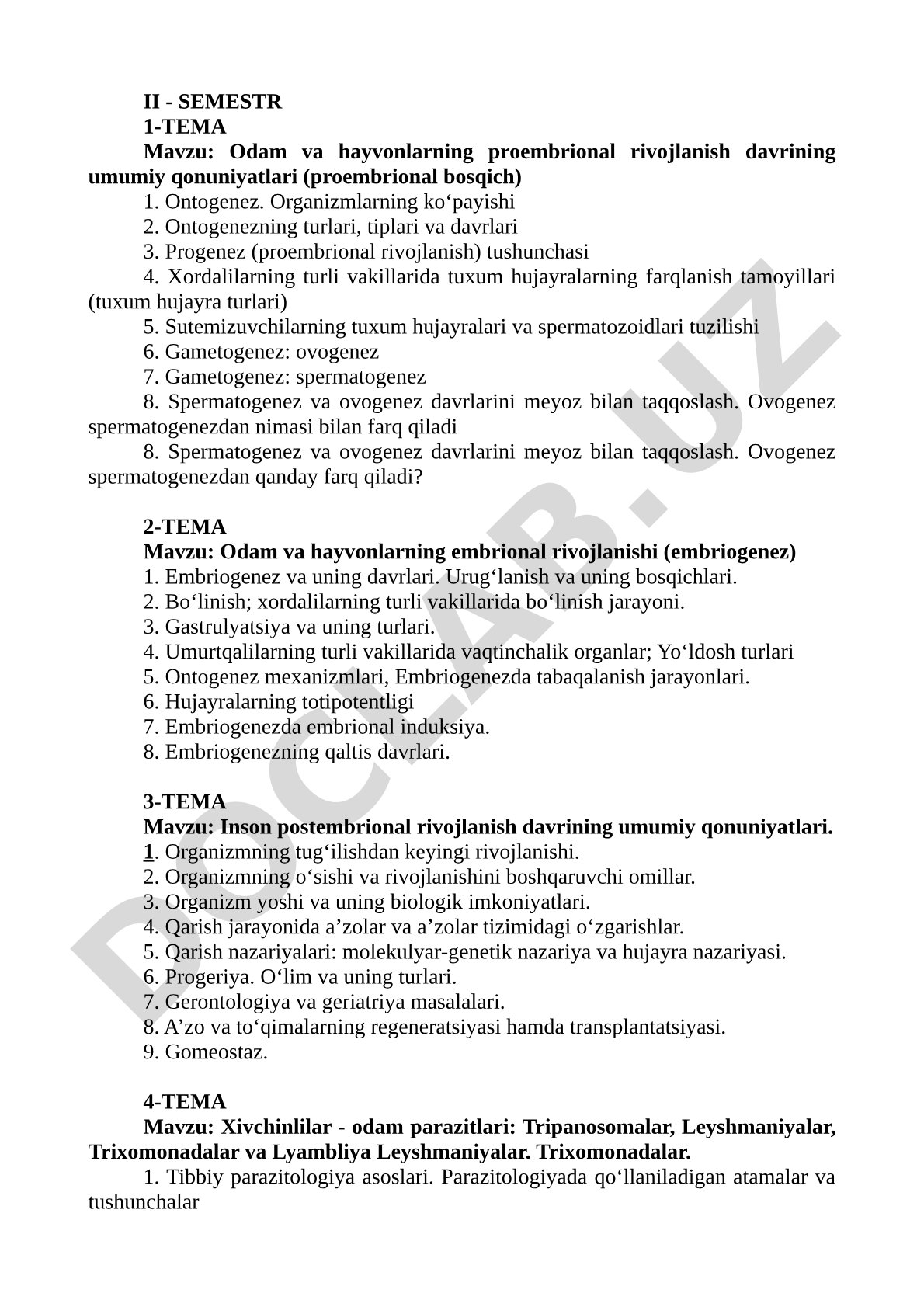 Odam va hayvonlarning proembrional rivojlanish davrining umumiy qonuniyatlari (proembrional bosqich)