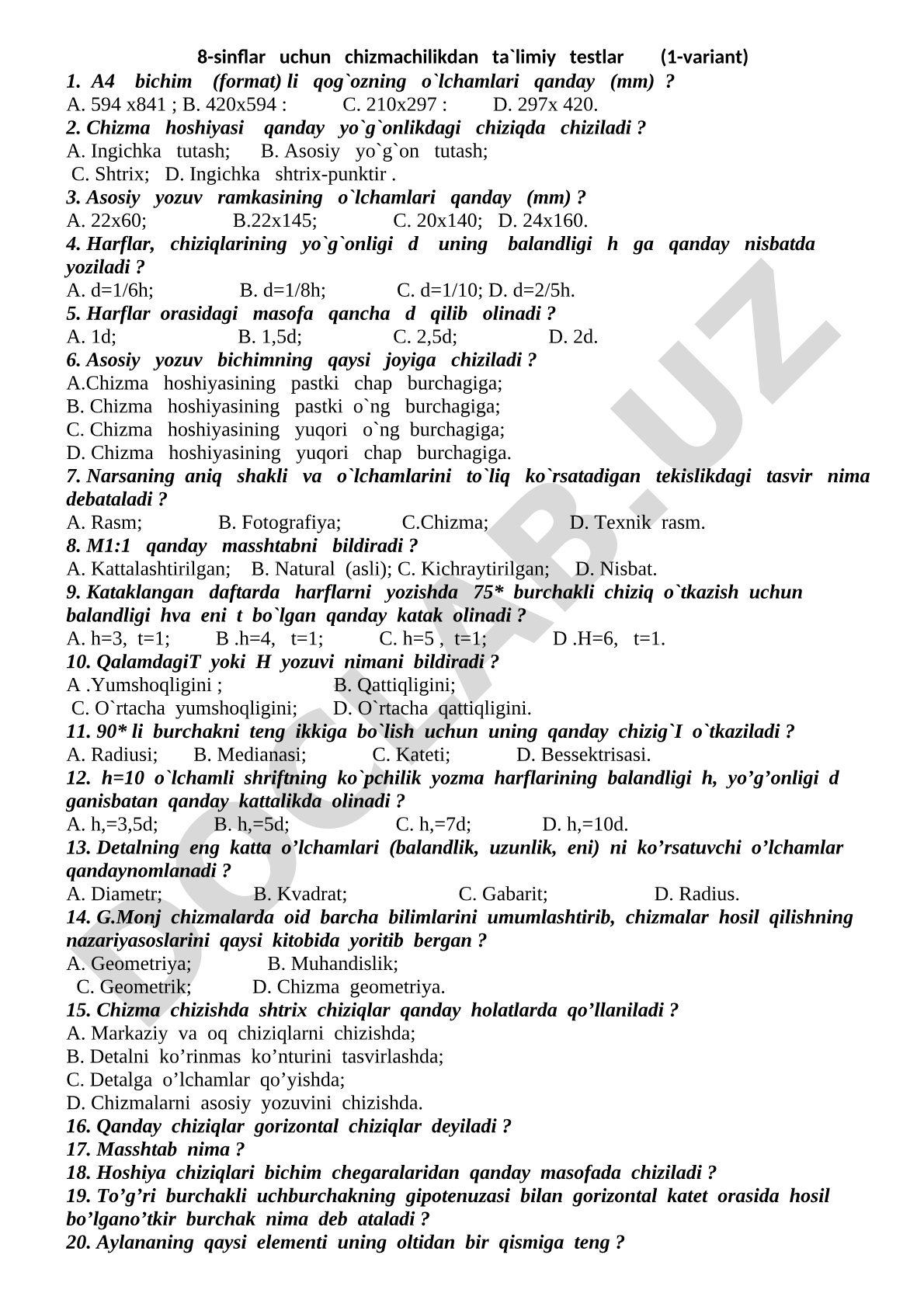 8-sinflar uchun chizmachilikdan ta'limiy testlar (1-variant)