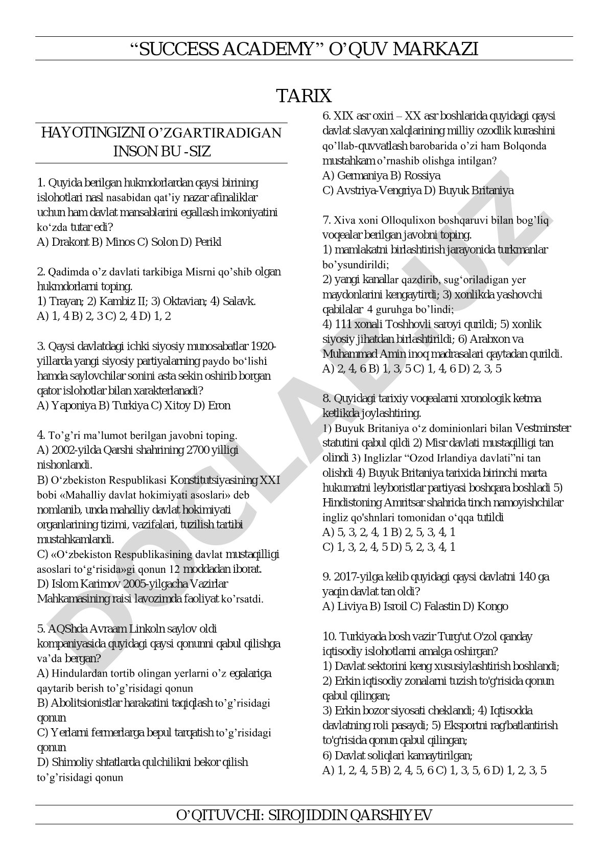 Tarix fanidan test savollari