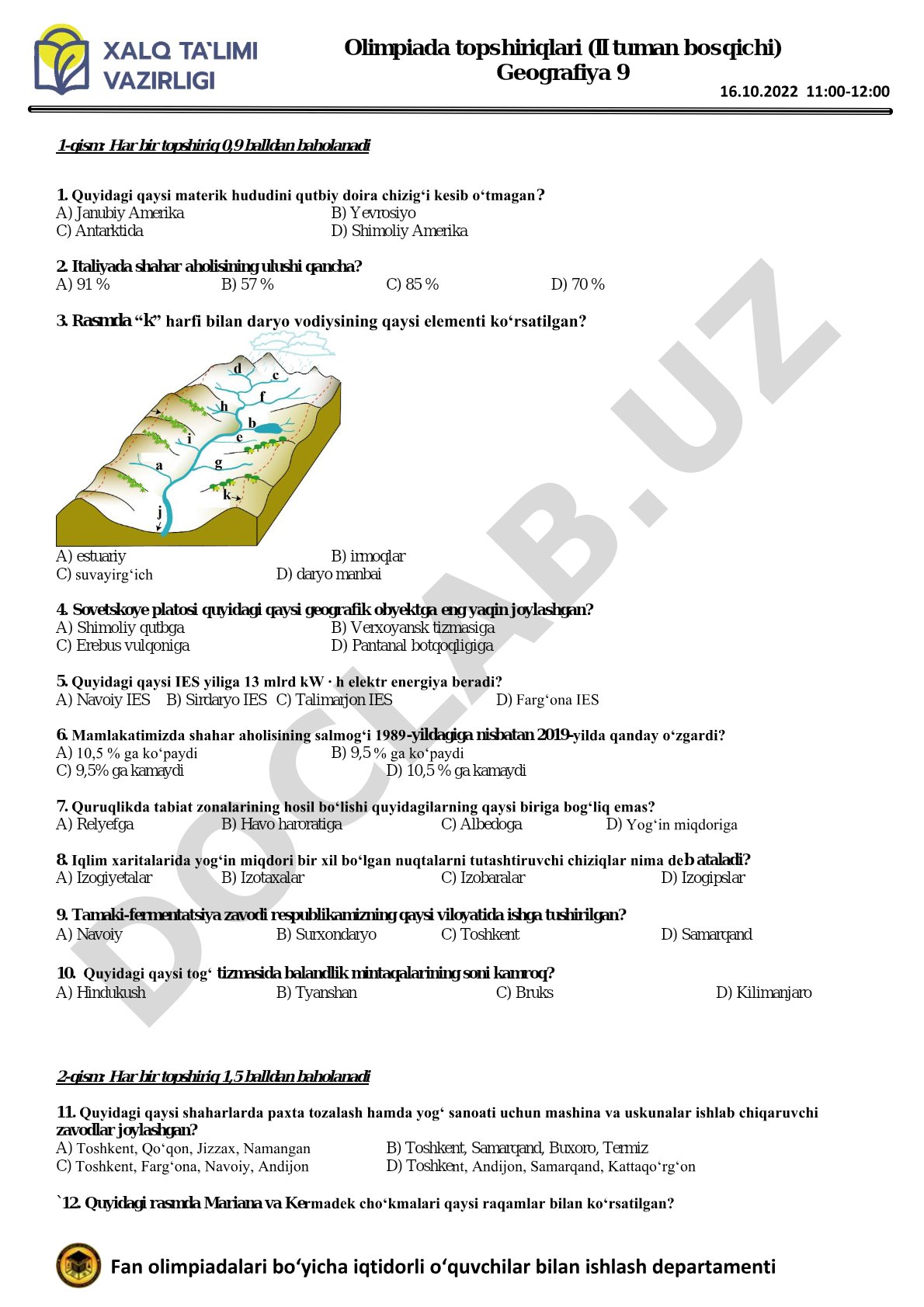 Olimpiada topshiriqlari (II tuman bosqichi) Geografiya 9