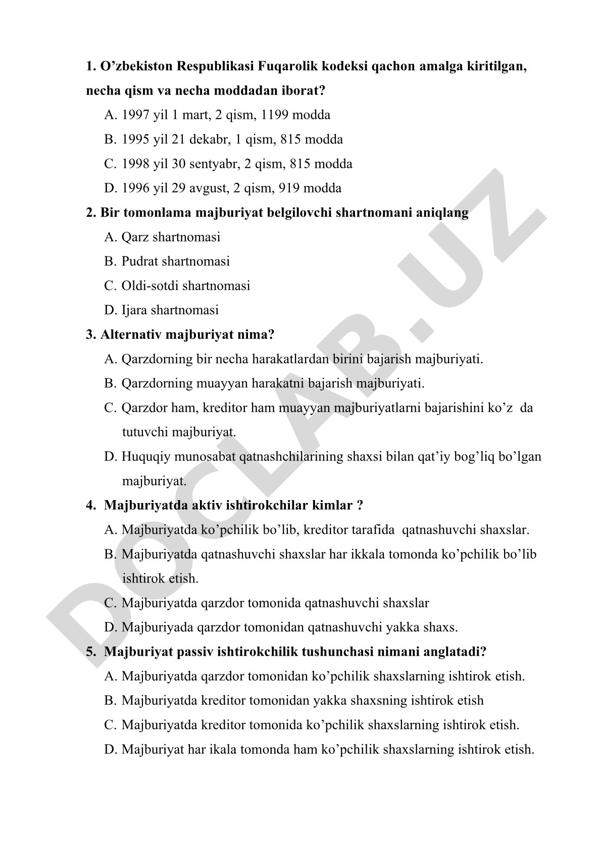 Fuqarolik kodeksi bo'yicha test savollari
