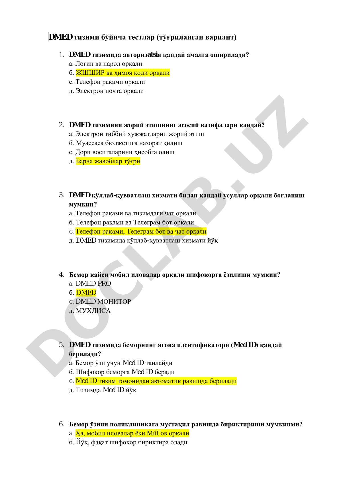 DMED тизими бўйича тестлар (тўғриланган вариант)